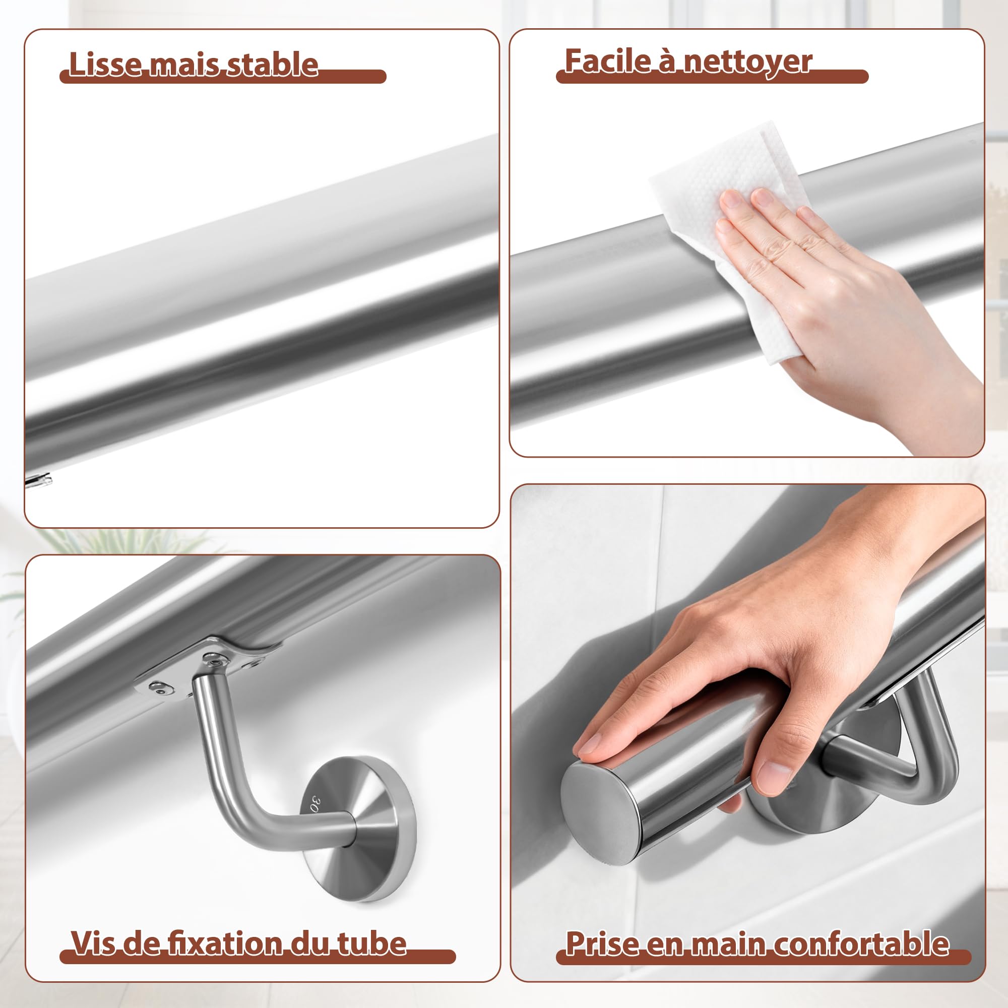 OUUTMEE 250CM Main Courante pour Escaliers en Acier Inoxydable, rond Ø 42 mm, Rampe d'Escalier Murale avec Support, Intérieure/Extérieure Main Courante pour Escaliers/Grenier/Terrasse/Porche et Garage