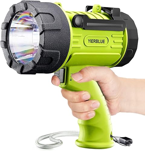 YIERBLUE Linterna de foco recargable con 10000 lúmenes LED, IP67 impermeable, luz de búsqueda de luz de larga duración, resistente a los impactos