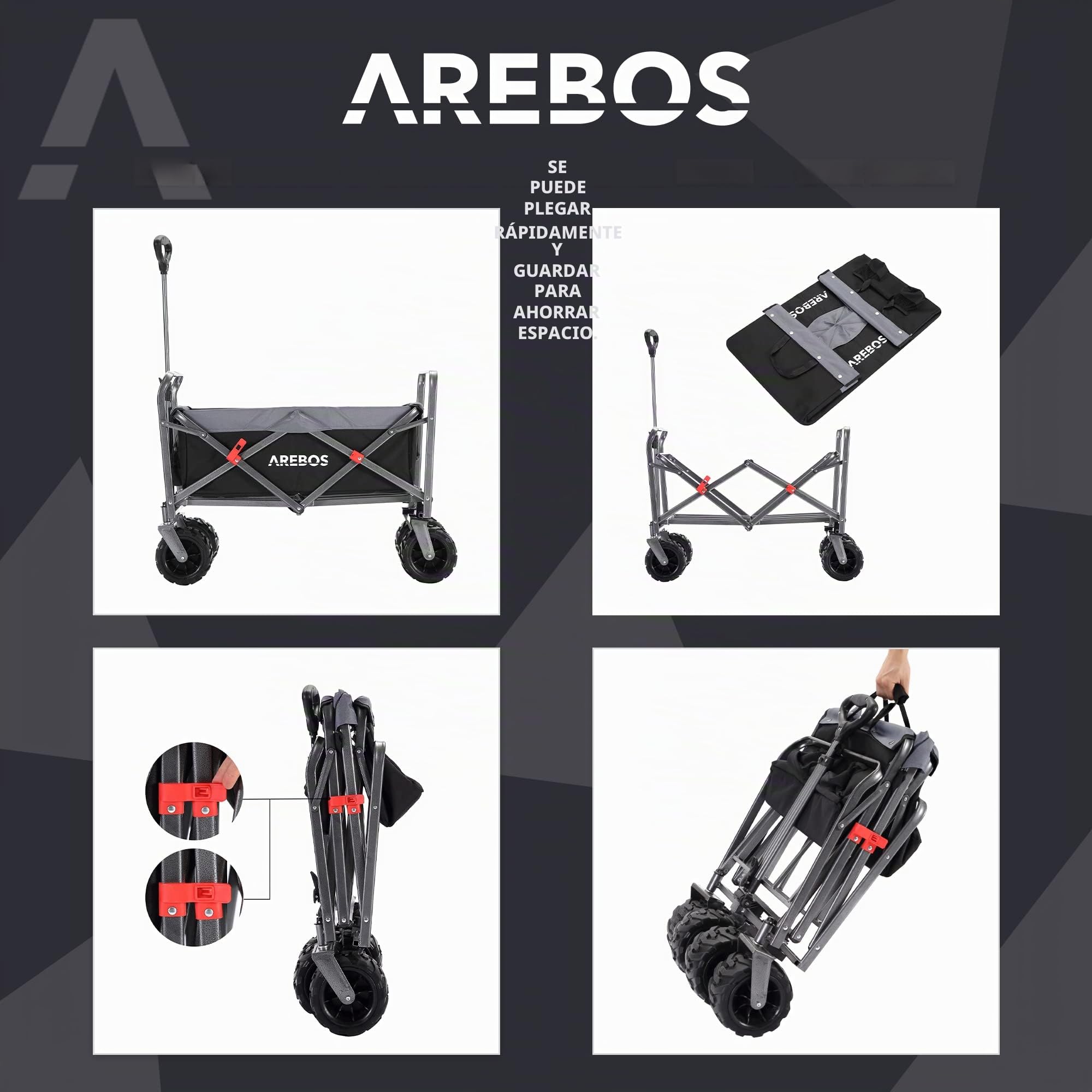 Arebos - Carro Playa | Carrito Plegable Transporte para Jardín | Carrito Plegable para aparatos | MAX 100kg | Negro