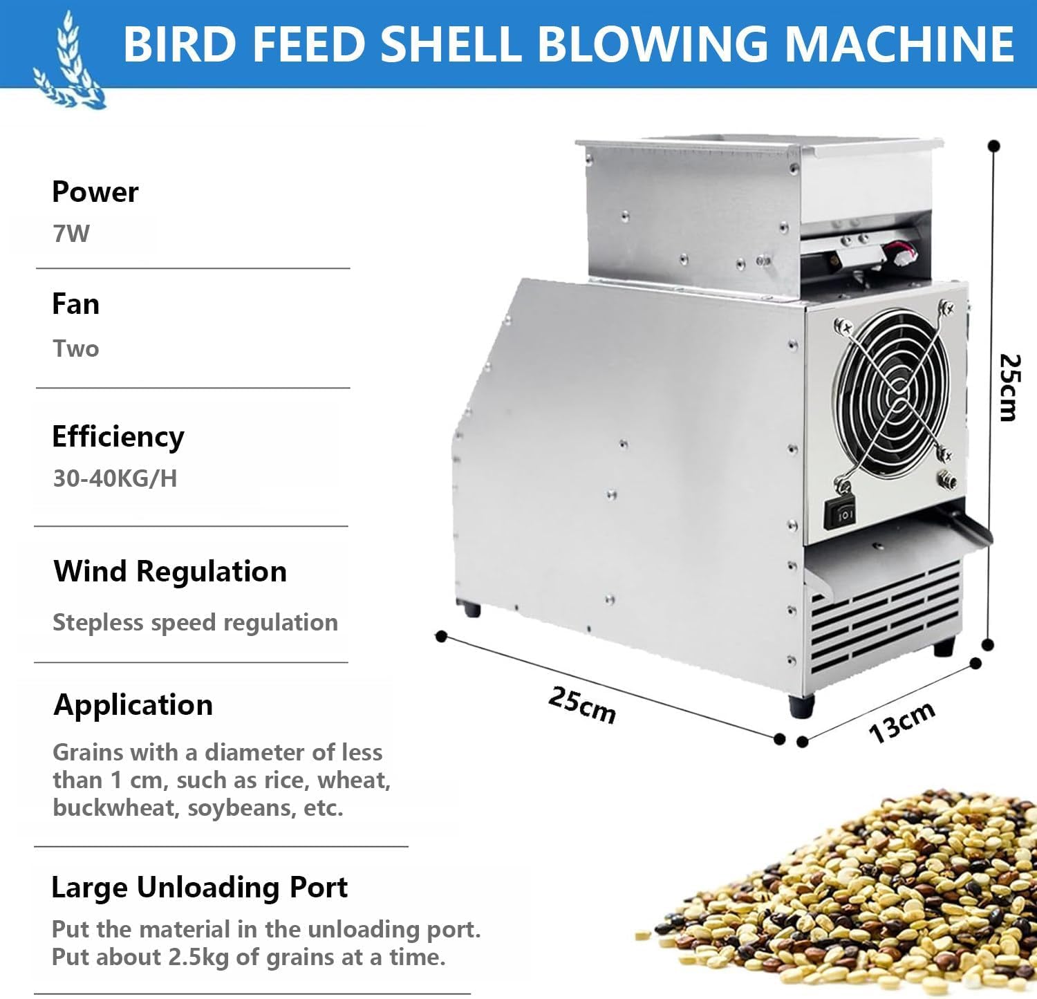 Vogelfutter-schalenteiler, Vogelfutterreiniger Mit Verstellbarer Prallplatte Und 2 Windgeschwindigkeitsstufen, Edelstahl, Vibrationsdämpfung, Für Getreide, Melonenkerne, Papageienfutter Usw.