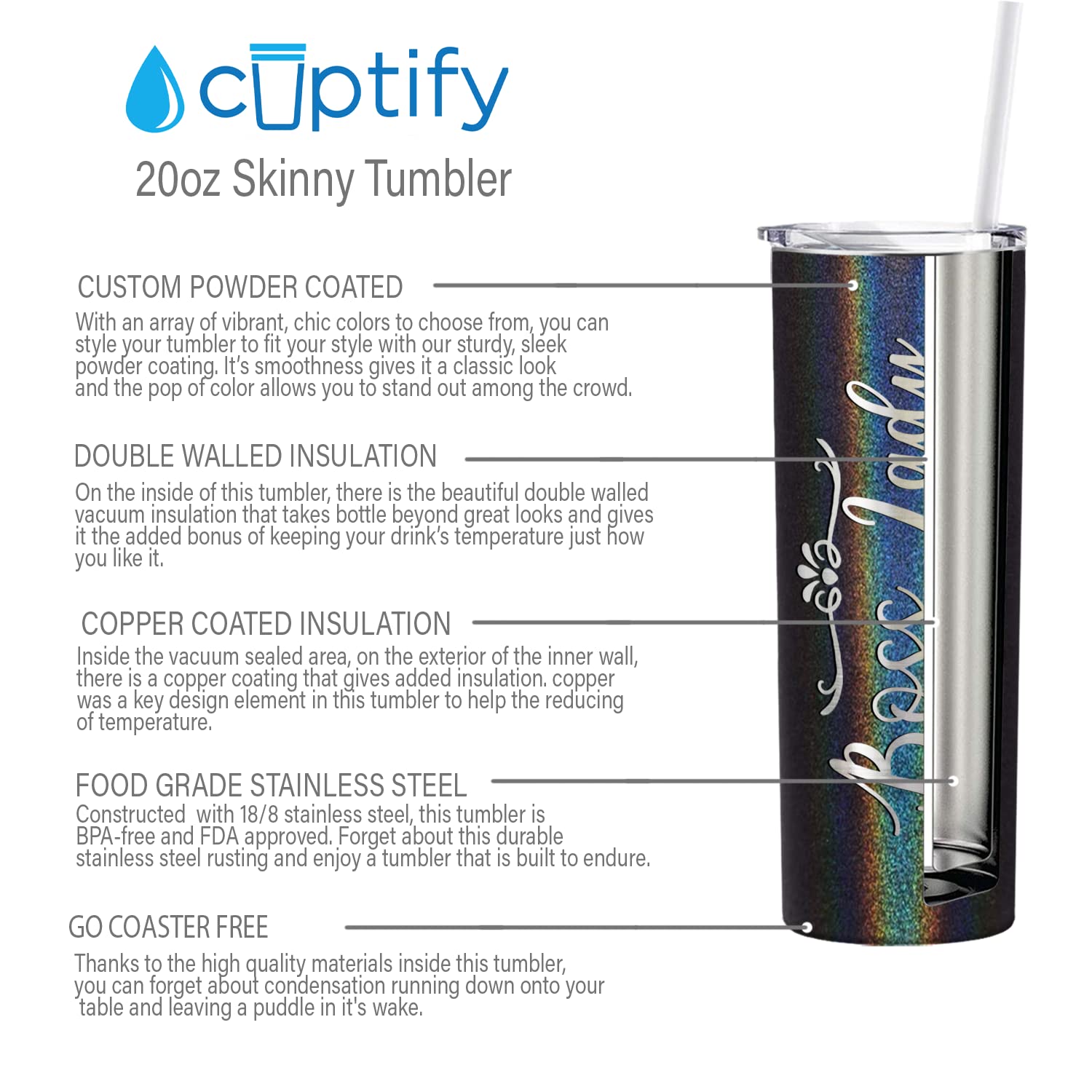 Cuptify Boss Lady Skinny Tumbler z pokrywką i słomką, grawerowany laserowo na czarnym brokacie, 590 ml, izolowany prezent urodzinowy ze stali nierdzewnej, prezenty dla kobiet, szefowa kobieta