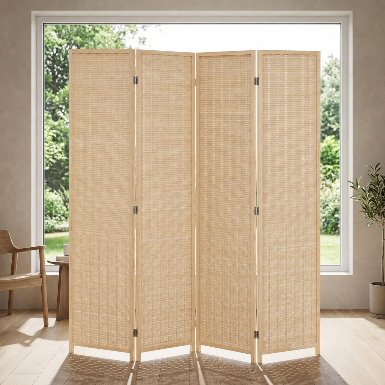 Trennwand/Raumteiler Faltbar aus Bambus - Paravent Umkleide Sichtschutz Spanische Wand - 180 x 180 cm Raumtrenner 4 teilig Leinwand - Natur Hellbraun