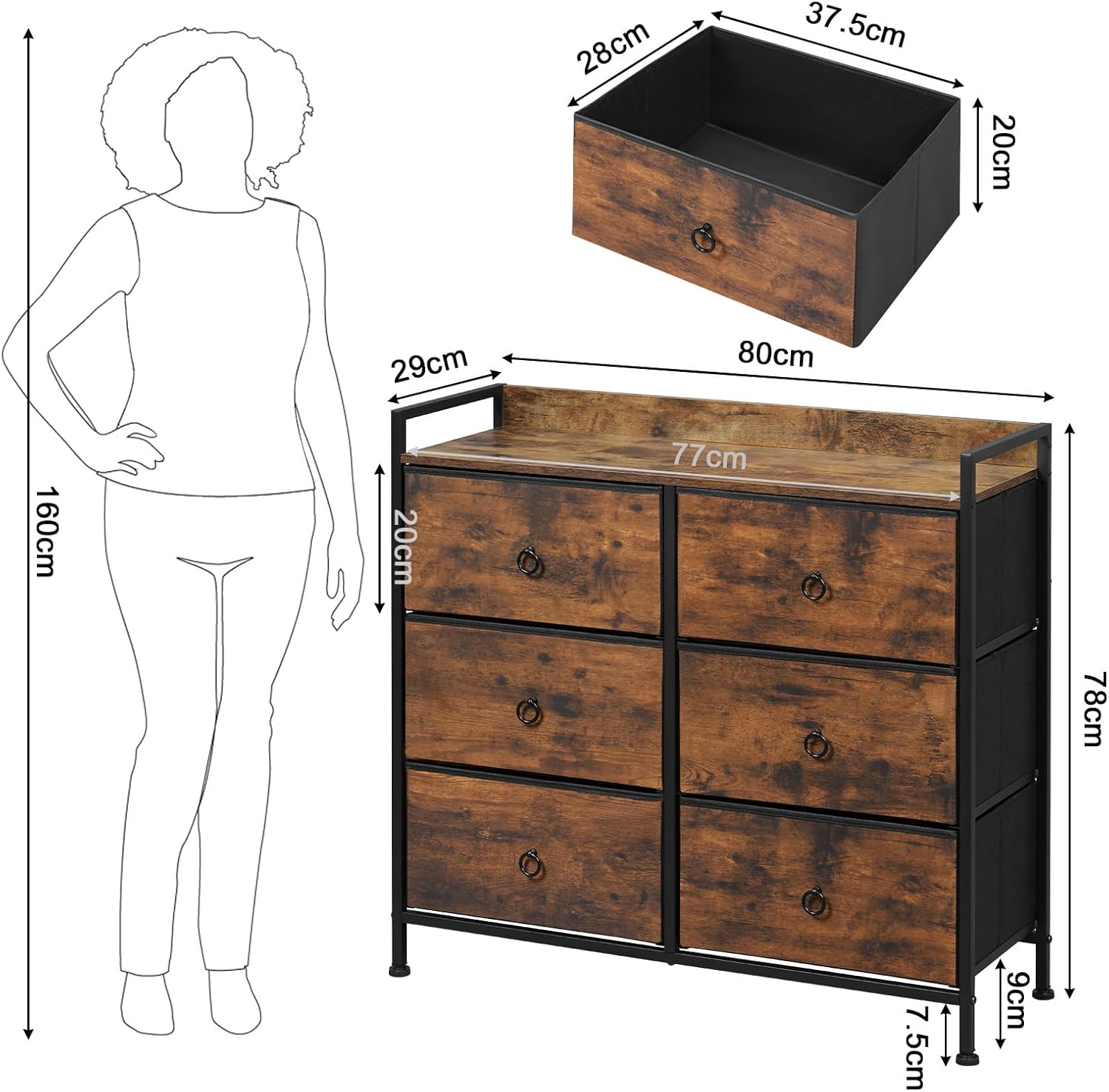Dimensions of the WOLTU SSK010shm 6-Drawer Fabric Dresser, showing overall height, width, depth, and individual drawer size.