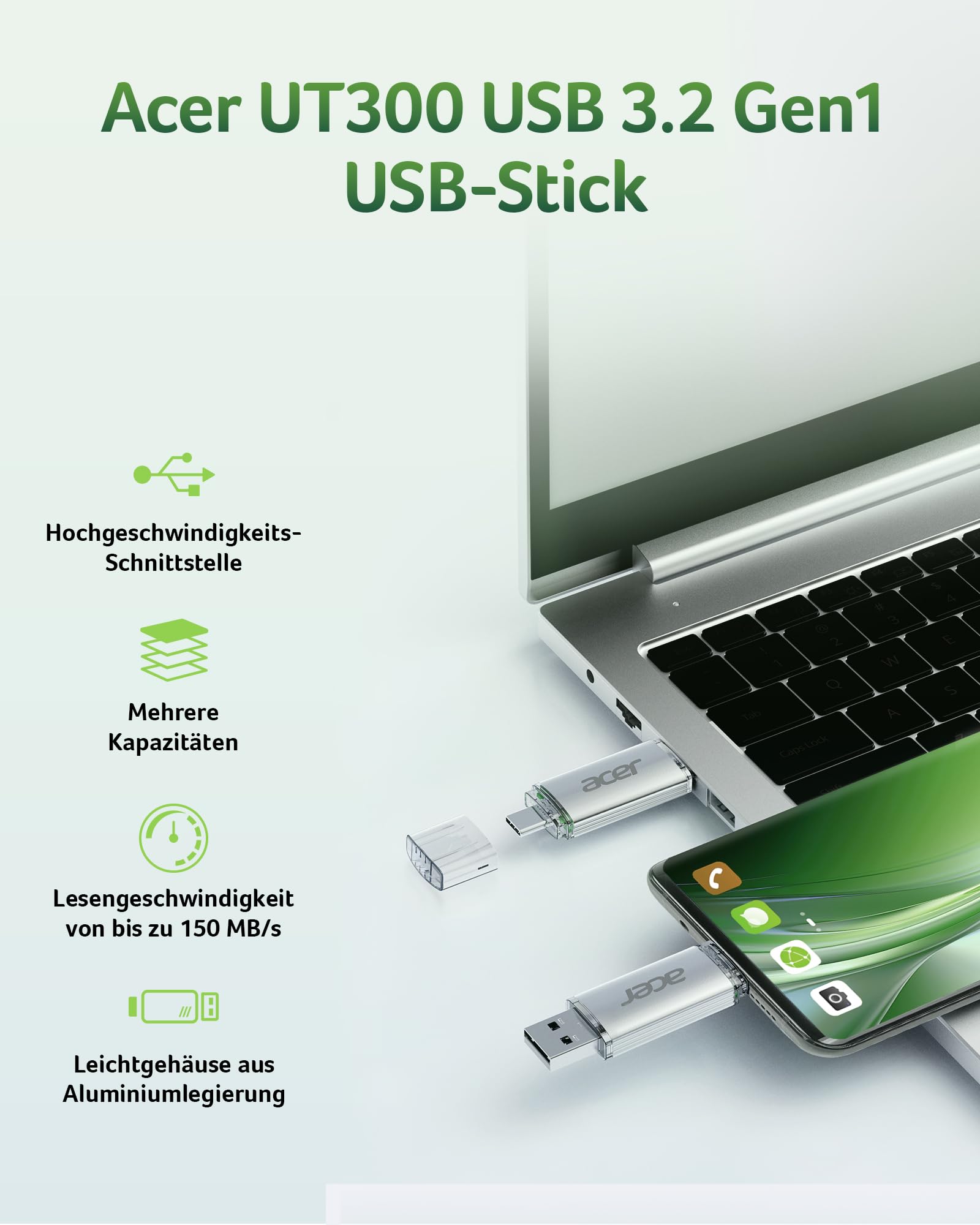 Acer UT300 256GB USB 3.2 Gen1 Flash Drive Dual-Anschluss Typ-A & Typ-C 150 MB/s