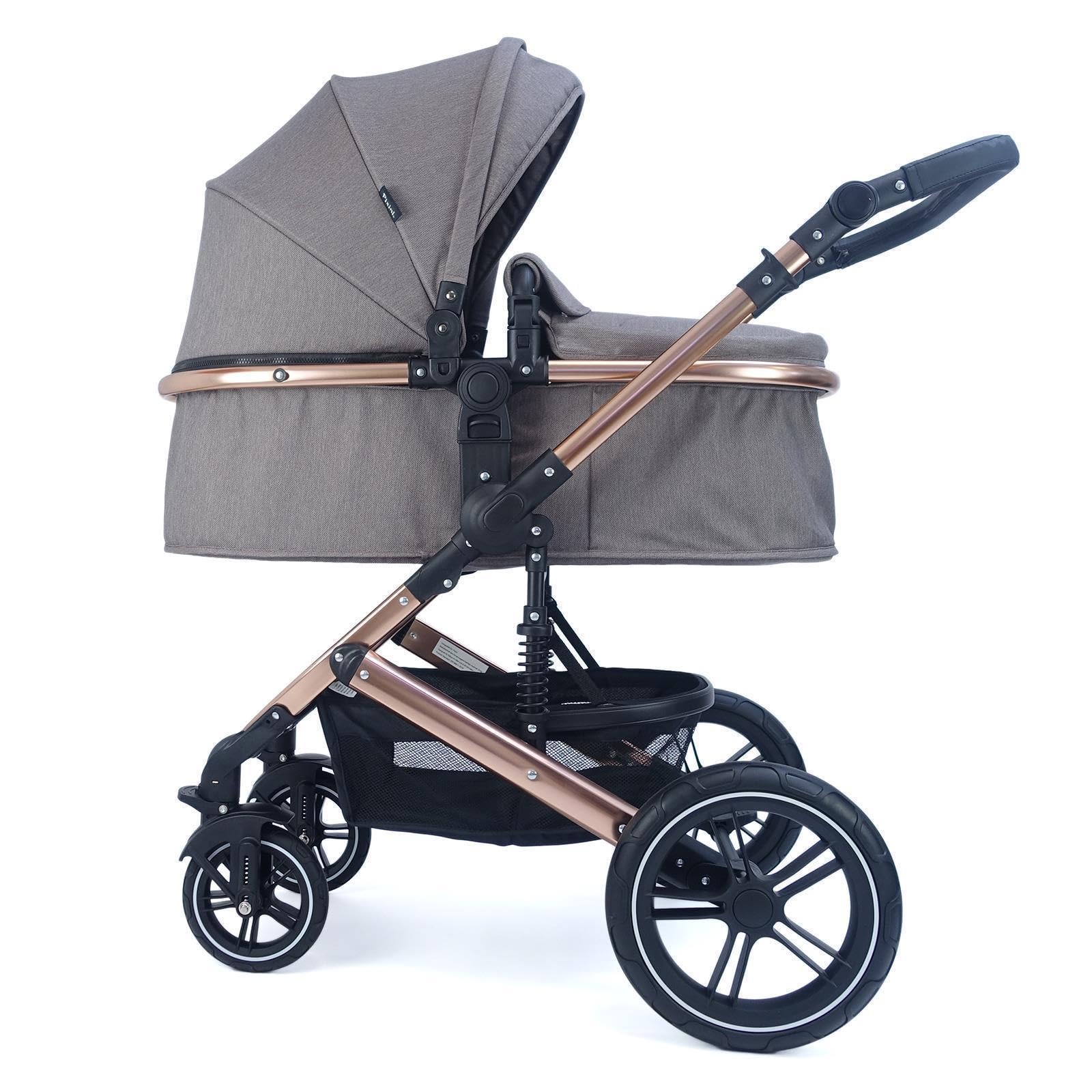 Pixini Neyla Kombi Kinderwagen mit Stoffwanne/Buggy/Wickeltasche/Getränkehalter/Regenplane/Mückennetz/Wickelauflage (gold/braun)