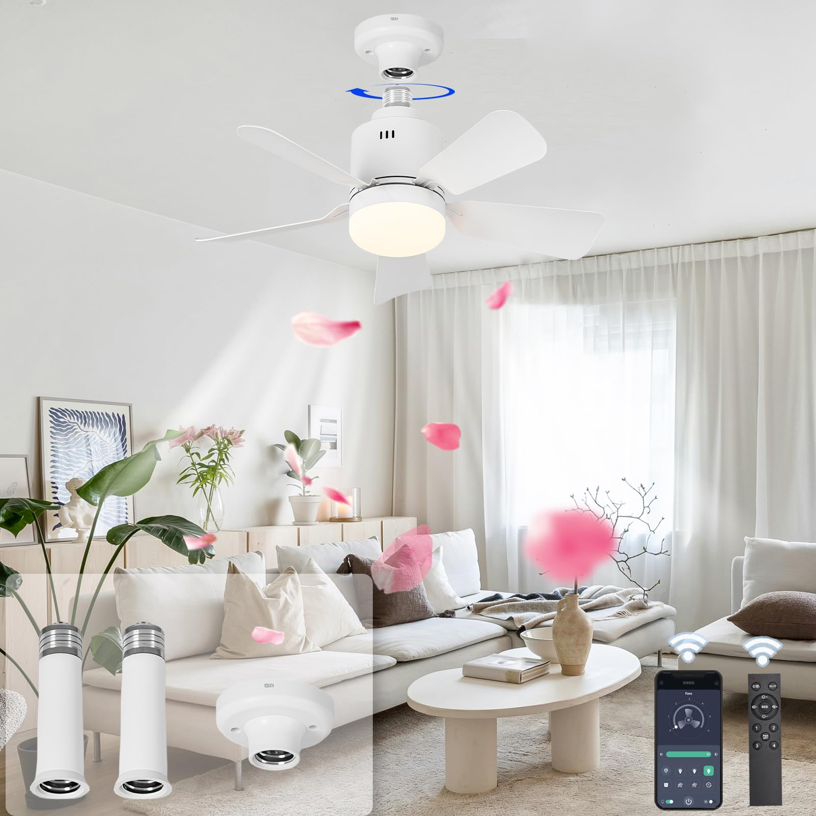 HXYSXHJUO E27 Small Ceiling Fans with Lights and Remote/APP Modern Silent Lamps LED Dimmable Fan Light Ceiling, 4 Speeds, for Bedrooms, Living Rooms, Dining Lounge-White