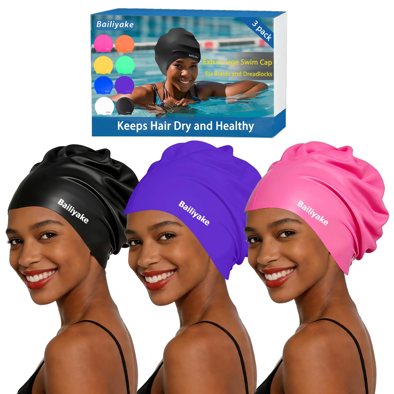 Bailiyake Extra Large Swim Cap 3 Pack