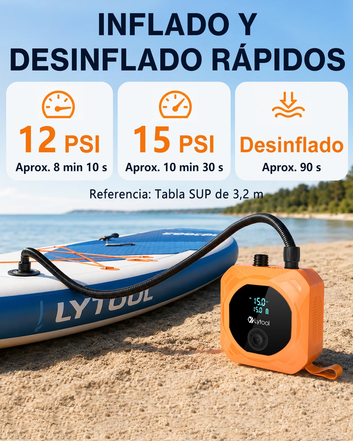 Lytool 50PSI Bomba de Aire Inteligente para Sup, 12000mAh Batería Recargable y Inflado/Desinflado Inteligente, Apagado Automático, Ideal para Tablas de Paddle, Cometas, Tiendas de Campaña y Colchones