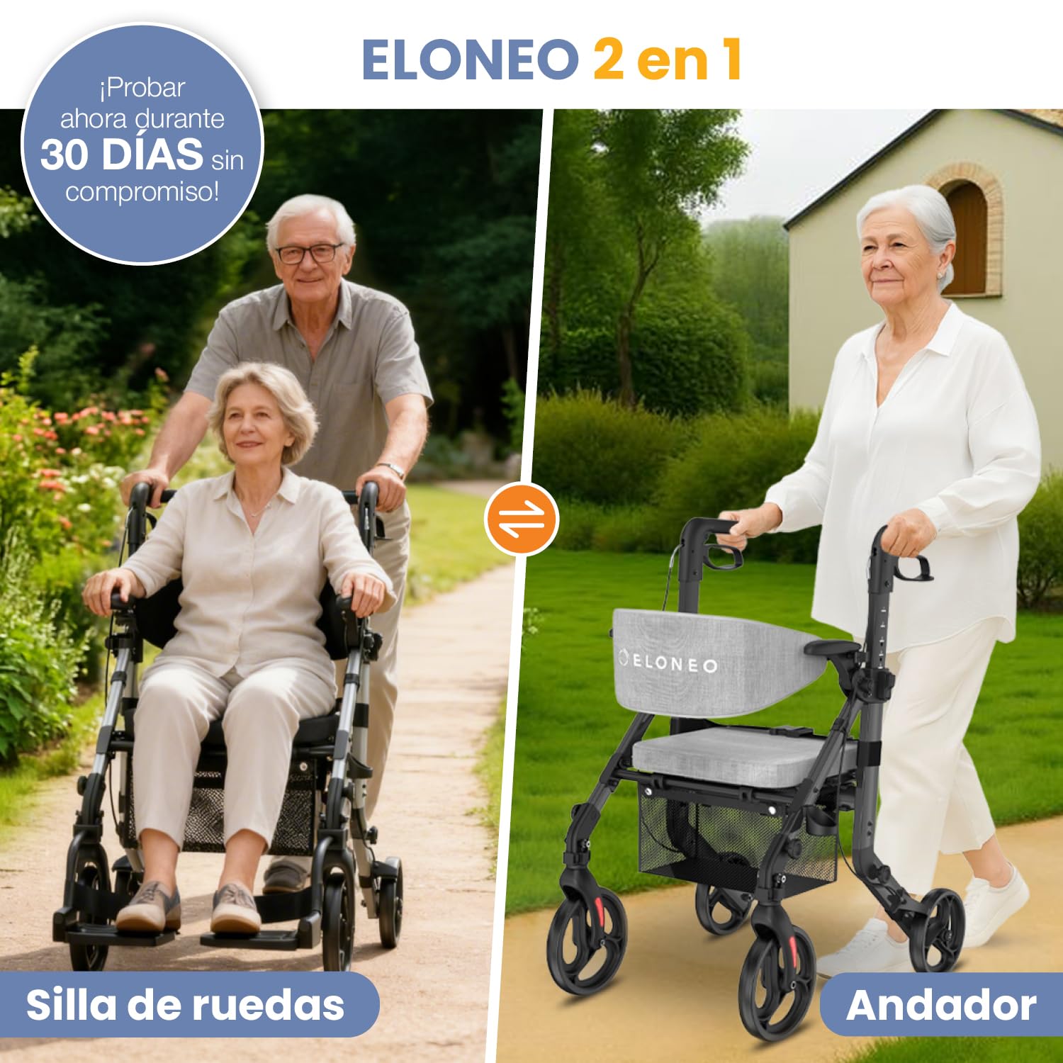 ELONEO Silla de Ruedas y Andador 2 en 1 plegable y ligero con asiento, Andador todoterreno convertible en silla de ruedas, Ayuda de movilidad de aluminio, Silla de transporte, negro