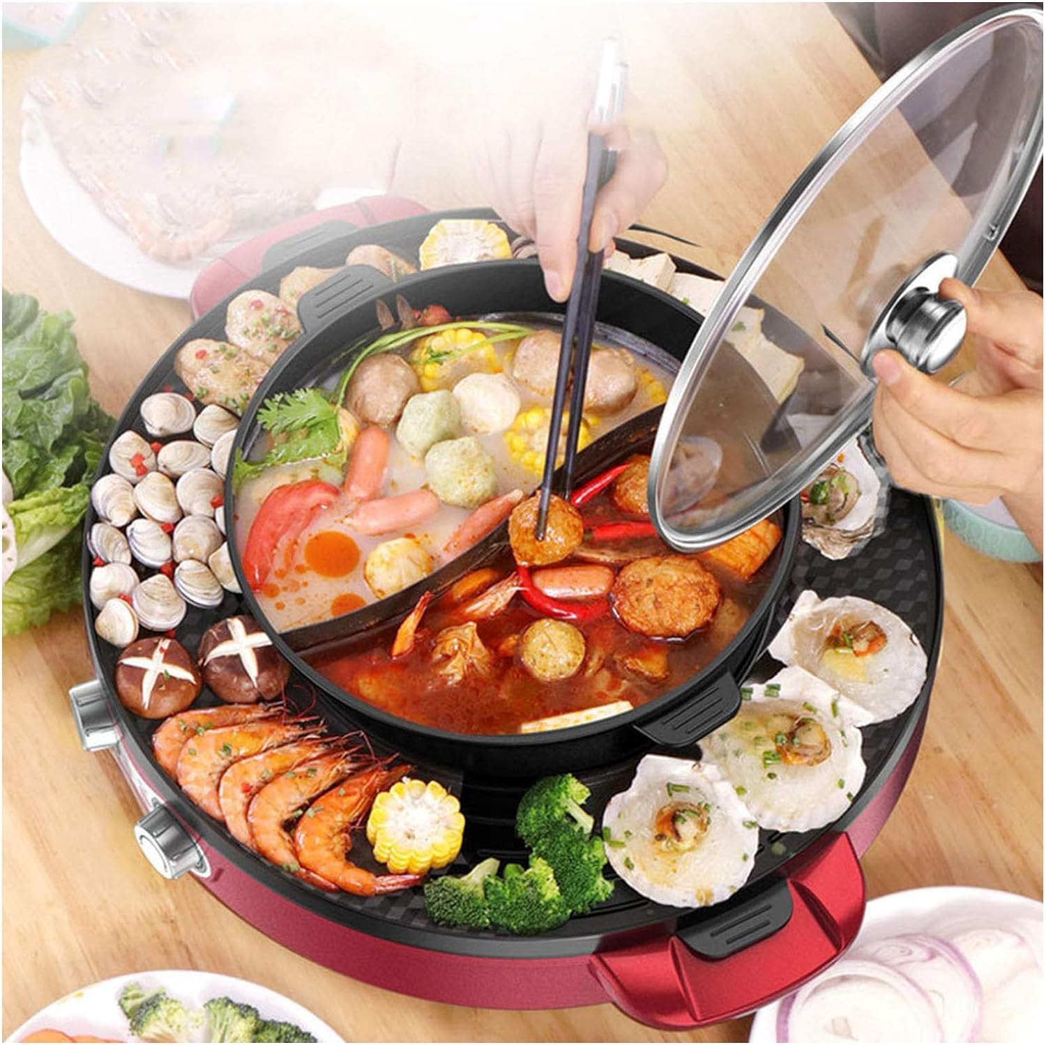 Pot chaud de gril électrique sans fumée avec diviseur, contrôle de la température à double zone, barbecue coréen antiadhésif et casserole Shabu pour la cuisson intérieure, plaque d'alliage d'aluminium