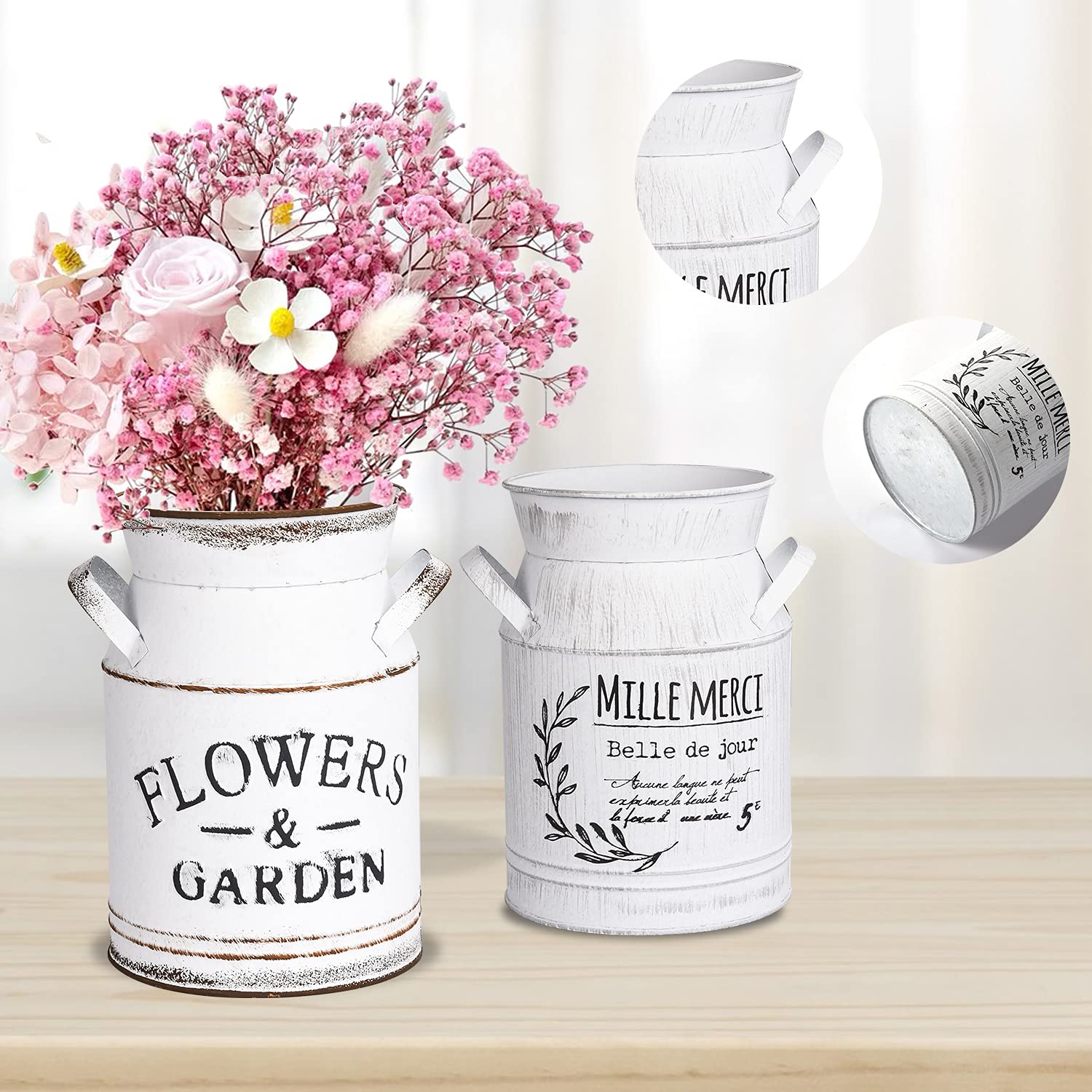 VICASKY Vaso da fiori vintage rustico, in stile shabby chic, in metallo, con manico, per casa, ufficio, balcone, decorazione beige