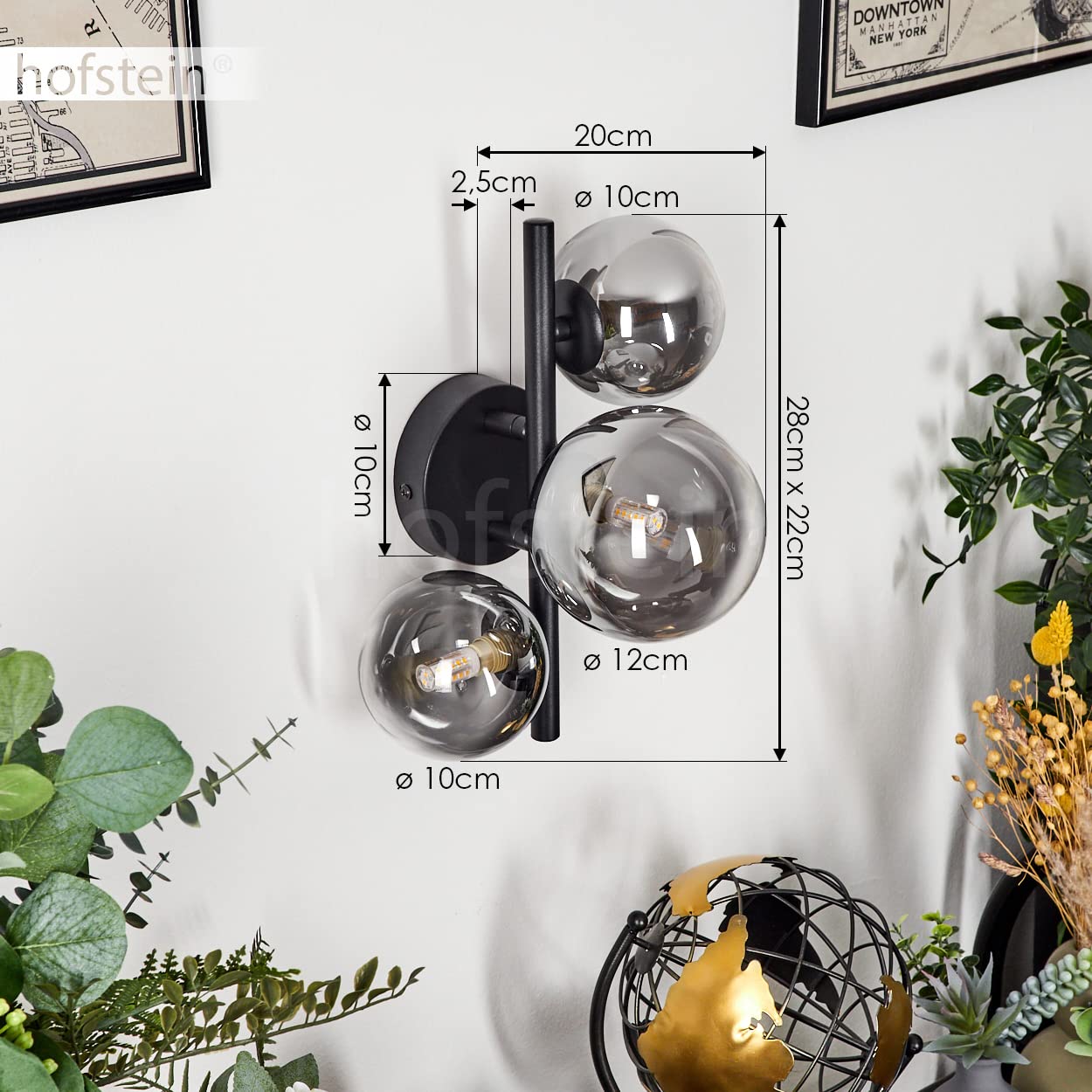 HOFSTEIN Wandleuchte Chehalis, Wandlampe aus Metall/Glas in Schwarz/Rauchfarben, Leuchte im modernen Design, mit runden Schirmen aus Glas, 3-flammig, 3 x G9, Wohnzimmer, Schlafzimmer, Esszimmer