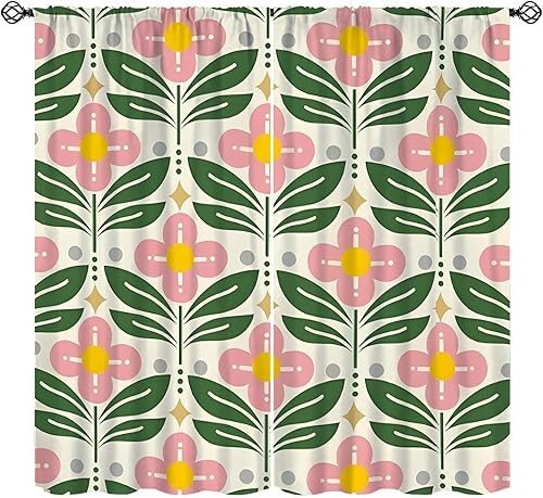 Miniatura 26 de Cortinas florales retro de los años 70, tratamiento de ventana abstracto geométrico hippie floral de mediados de siglo, cortinas con aislamiento