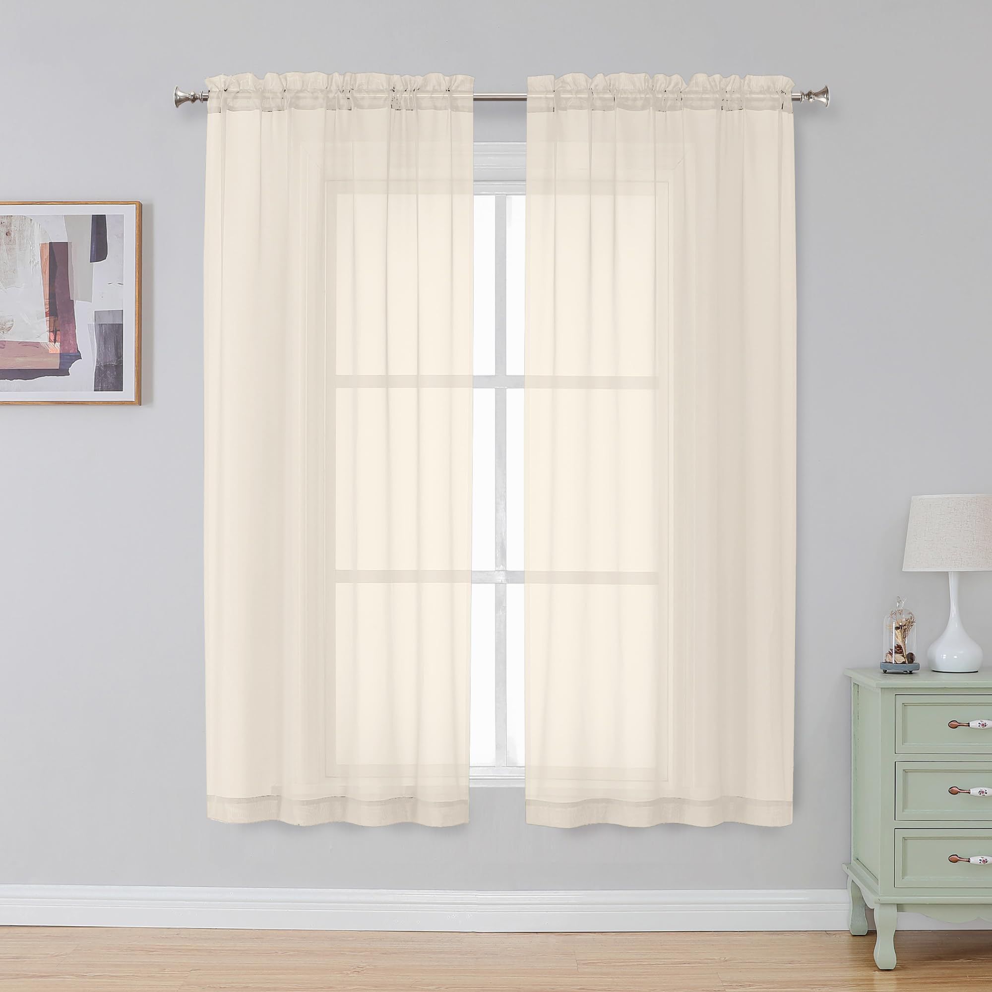 Simplebrand Cream Sheer Curtains 63 Inch Length 2 Panels for Bedroom