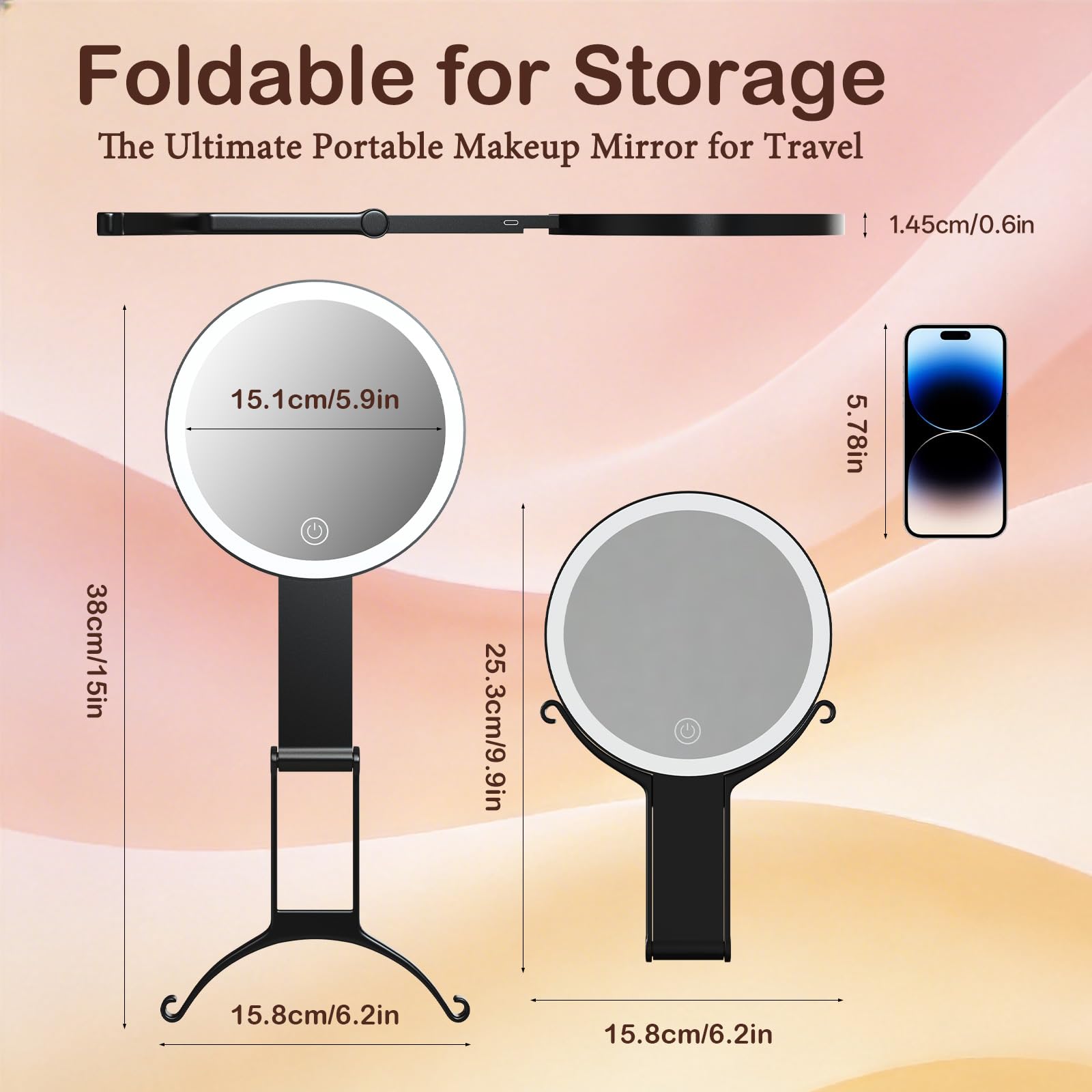 Black Handheld Makeup Mirror with Lights, Rechargeable Double-Sided Magnifying Mirror