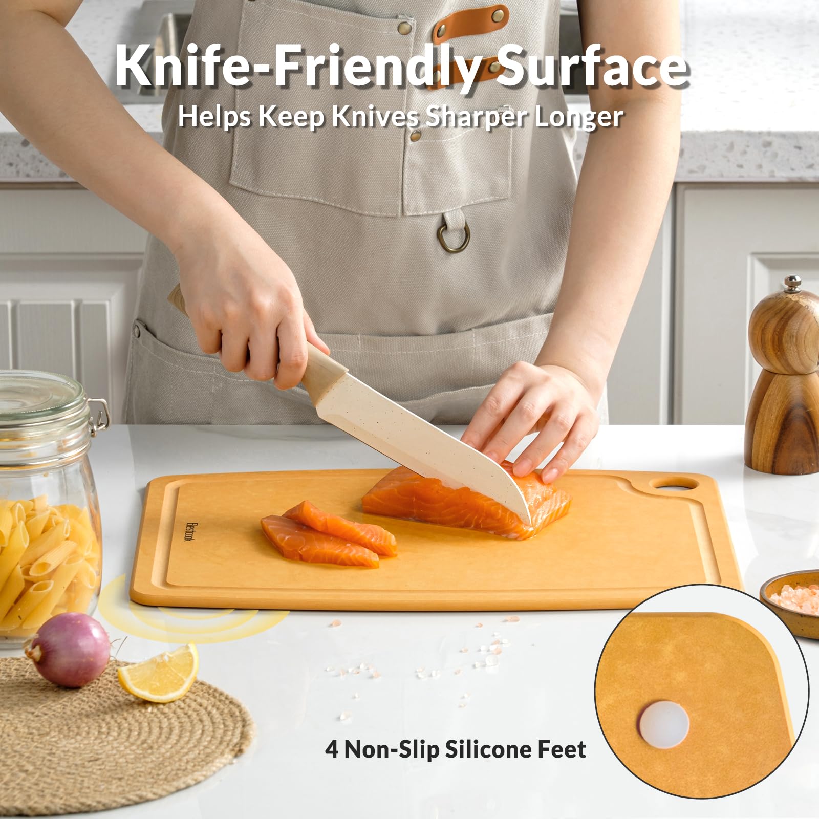 BESTCOOK Juego de 2 tablas de cortar de fibra de madera, tablas de cortar compuestas con ranura para jugo, aptas para lavavajillas, no tóxicas, sin BPA, no porosas, patas antideslizantes para cortar