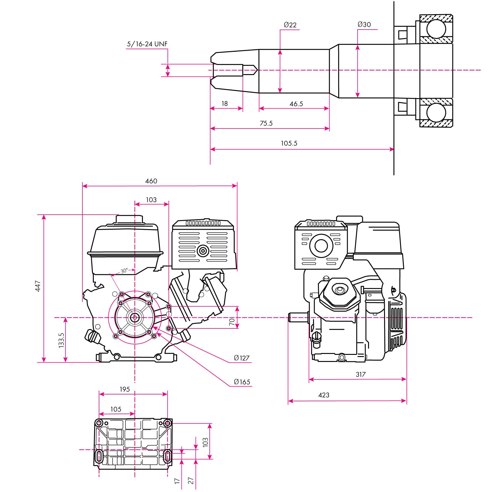 EBERTH 15 CV 11,03 kW moteur à essence avec arbre conique de 22 mm Ø, moteur de karting, sécurité manque d'huile, 4 temps, 1 cylindre, 420 ccm de cylindrée, refroidi par air, démarrage par câble