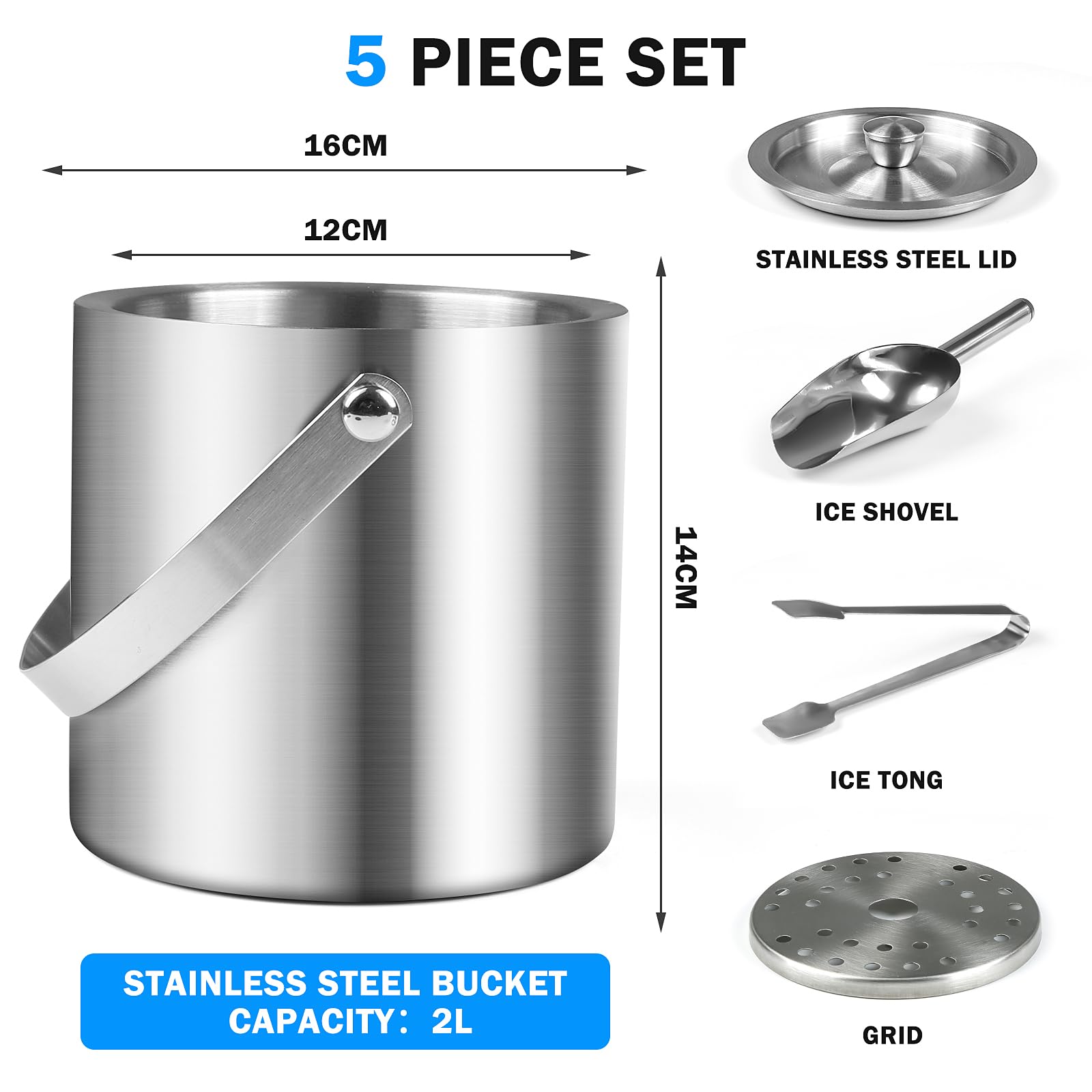 2L Récipient à Glaçons, Seau à Glace en Acier Inoxydable Isolé à Double Paroi avec Couvercle, Cuillère, Pinces et Passoire, Idéal pour Les Bars à Cocktails, Les Fêtes, Le Champagne