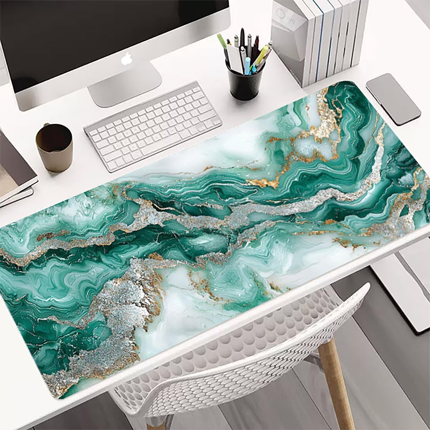Lpfieonn Marmormuster Großes Schreibtischunterlage, XXL Schreibtischunterlagen, Blau XXL Wasserdicht Gaming Mousepad mit Vernähter Rand und Rutschfeste Gummibasis, für Hause/Büro 120x60cm PF-1681