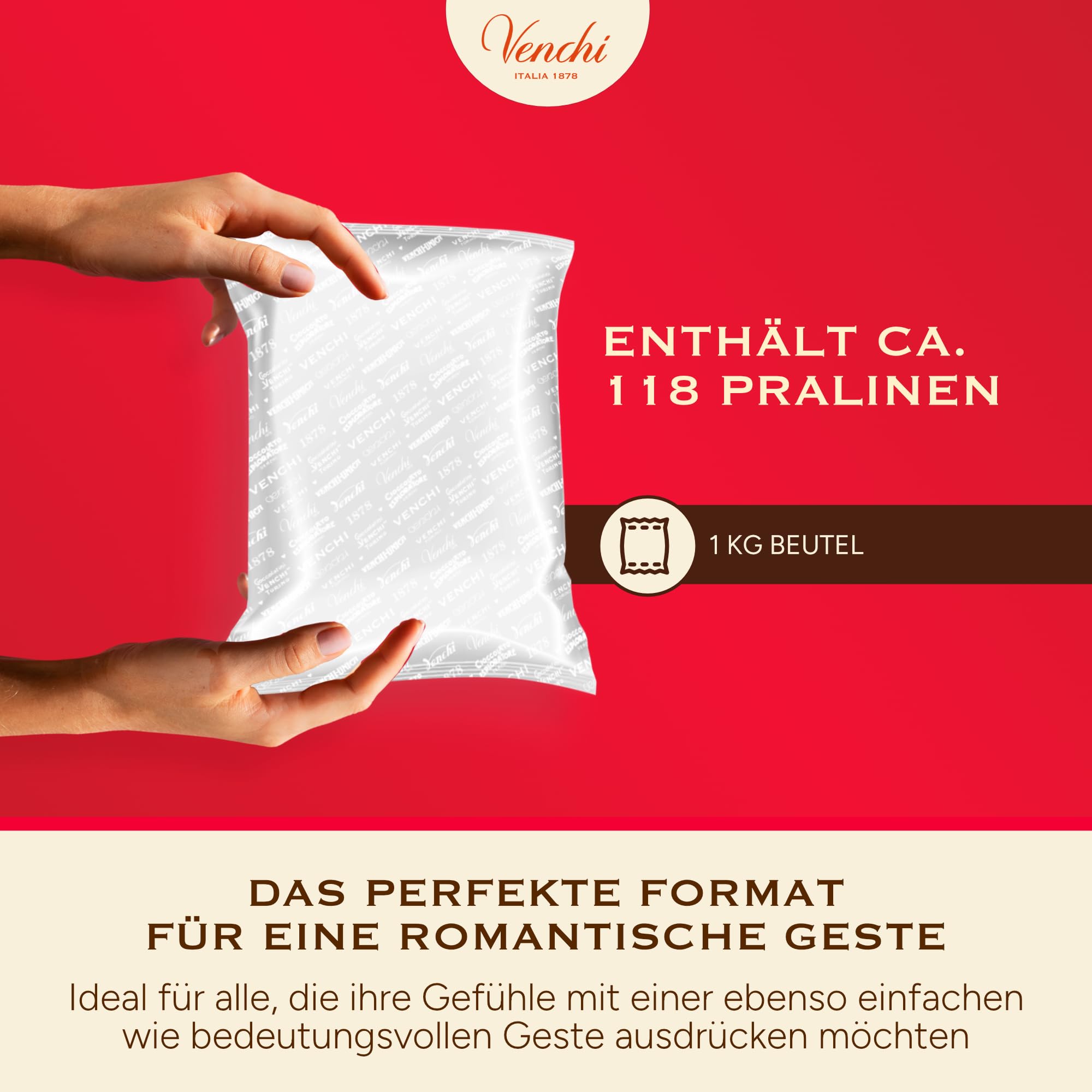 Venchi - Herzförmige Pralinen, Extra Zartbitter, 1 Kg, Vegan, Glutenfrei, Ohne Farb- und Konservierungsstoffe, Geschenkidee zum Muttertag