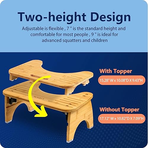 Miniatura 2 de Taburete de inodoro plegable de bambú de 7 pulgadas y 9 pulgadas de altura ajustable, taburete de baño de madera para sentadillas, taburete plegable