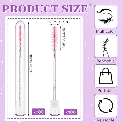 Miniatura 8 de Juego de 200 tubos de varita de rímel, 100 carretes de pestañas para extensiones de pestañas, 100 piezas de cepillo de rímel vacío de diamante,