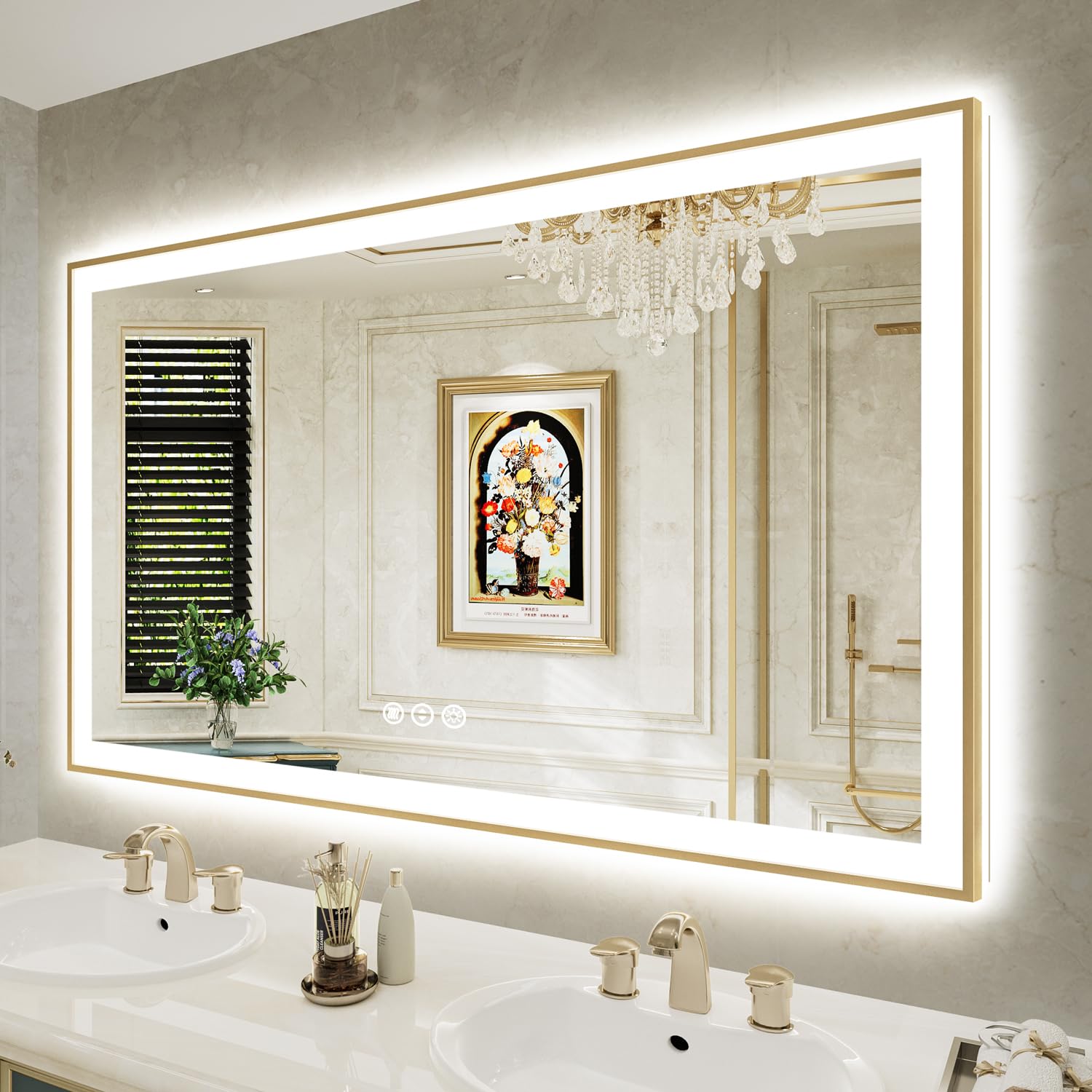 60x36 LED Bathroom Mirror with Lights, Gold Framed Lighted Mirror
