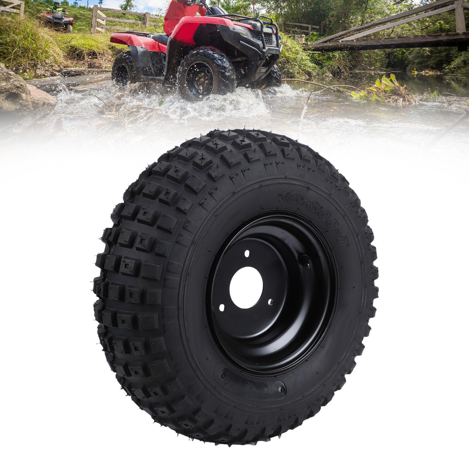 Luocute Neumático de Rueda ATV 16x8-7, Neumáticos Todo Terreno sin Cámara con Ruedas de 3 Lengüetas de 7 Pulgadas para Cortacésped UTV Quad Go Kart Cart, Antideslizante
