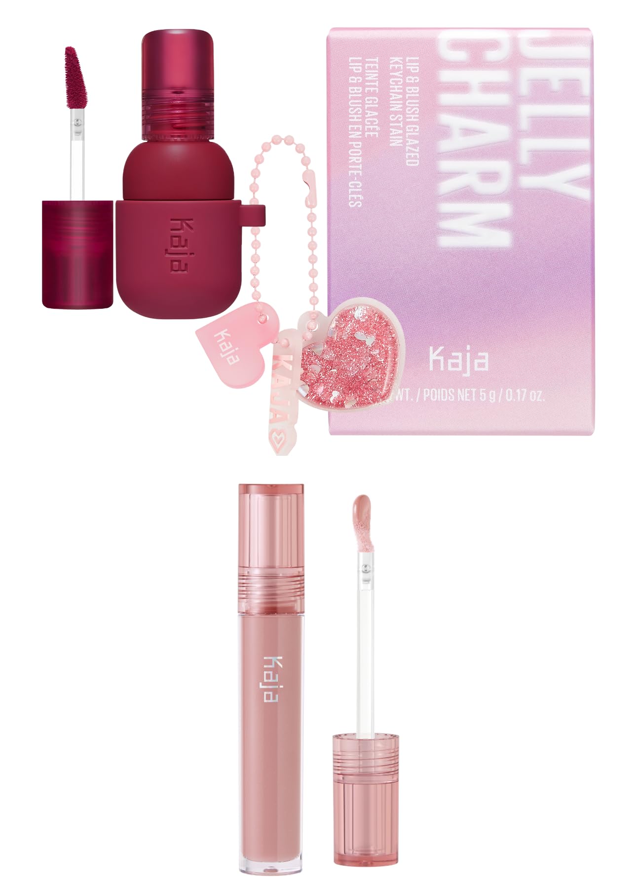 Kaja Lip & Blush Glazed Keychain Stain - Jelly Charm 01 Cherry Spritz + Lip Gloss - Gloss Shot 02 Milk Tea, 0.14 Fl Oz Bundle