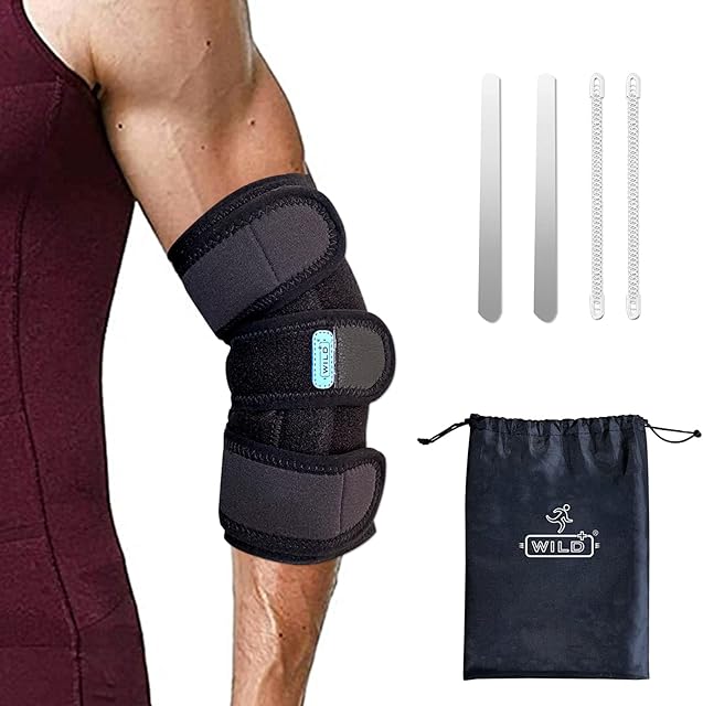 WILD+ Elbow Brace for Tendonitis, Adjustable Elbow Support Strap for Men & Women with 4 Removable Splints, Arm Compression Sleeve Elbow Splint for Weightlifting, Tennis, Sports, Joint Pain