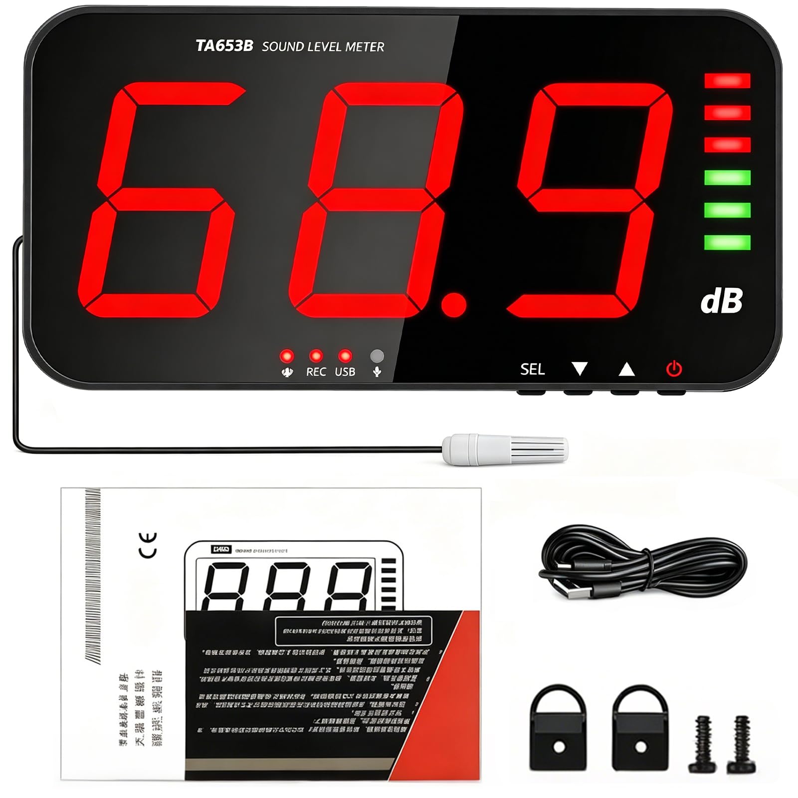 Sonomètre Décibelmètre, Sonomètre Numérique 30~130dB Mesure de Bruit Décibelmètre Écran Large HD de 13" Monté au Mur avec Fonction d'Enregistrement de Données et Alarme de Bruit