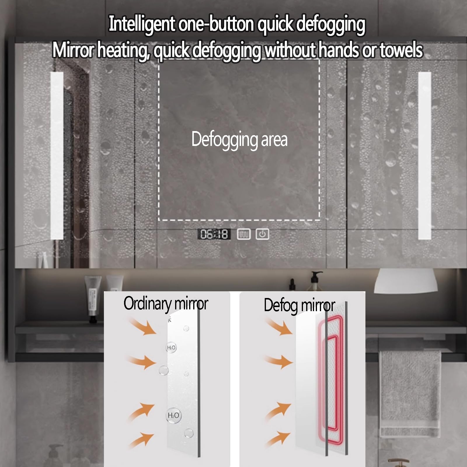 Armario baño pared De madera con espejo y luz,espejo baño con almacenaje y luz,armario espejo baño led Espejo Antivaho de Maquillaje Inteligente,Visualización de la hora,Agujero de papel,Barra de toal