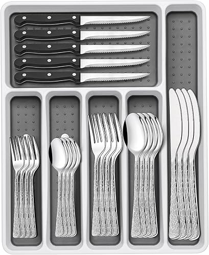 Miniatura 7 de Juego de cubiertos negros de 49 piezas con organizador, juego de cubiertos de acero inoxidable resistente para 8, juego de utensilios de cuchillería