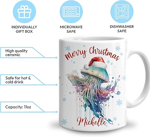 Miniatura 3 de Hyturtle Regalos personalizados para amantes de las medusas, taza de café de cerámica con nombre personalizado de Feliz Navidad, 11 onzas, regalos