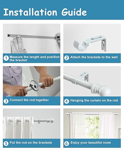Miniatura 7 de HOSKO Barra de cortina blanca, barras de cortina de 1 pulgada para ventana de 30 a 84 pulgadas, incluye tres soportes de montaje (blanco)