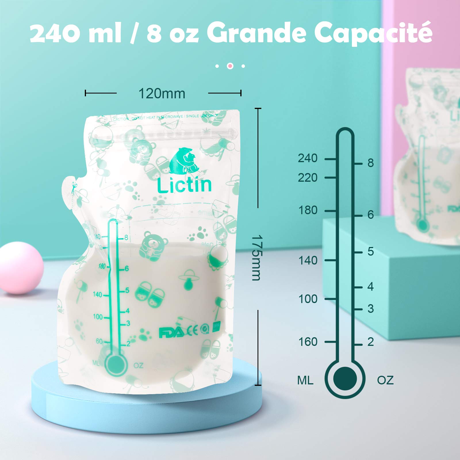 Lictin Conservation Lait Maternel 120Pcs - 240ML Sachet Conservation Lait Maternelle Pré-stérilisés, Épaissir Double Fermeture Glissière Sachet Lait Maternel, Bec Verseur Intégré