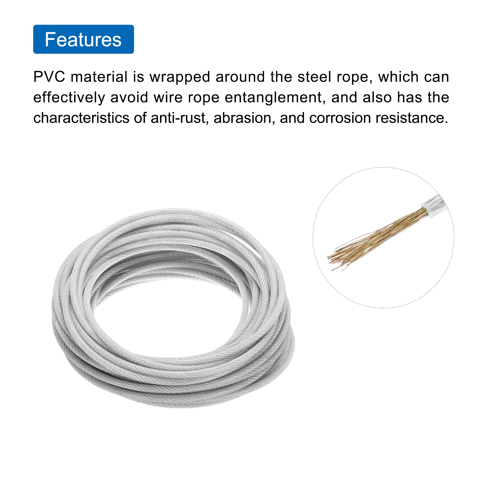 QUARKZMAN 6mm (1/4") Cavo Acciaio Rivestito Trasparente, 15m/49ft Cavo Acciaio Zincato con 4Pz Manicotti a Anello M6 Morsetti Stendibiancheria per Appendere Luci Corda, Ringhiere Ponti
