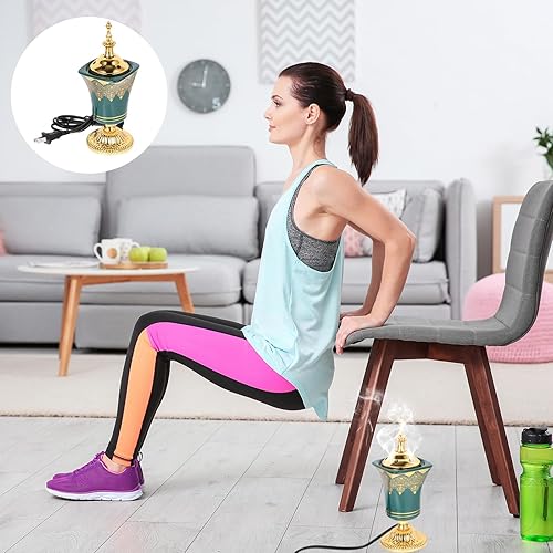 Miniatura 2 de HOMSFOU Quemador de incienso eléctrico enchufable de cerámica para el hogar, oficina, yoga, spa, aroma con diseño de Oriente Medio Verde,Cobre