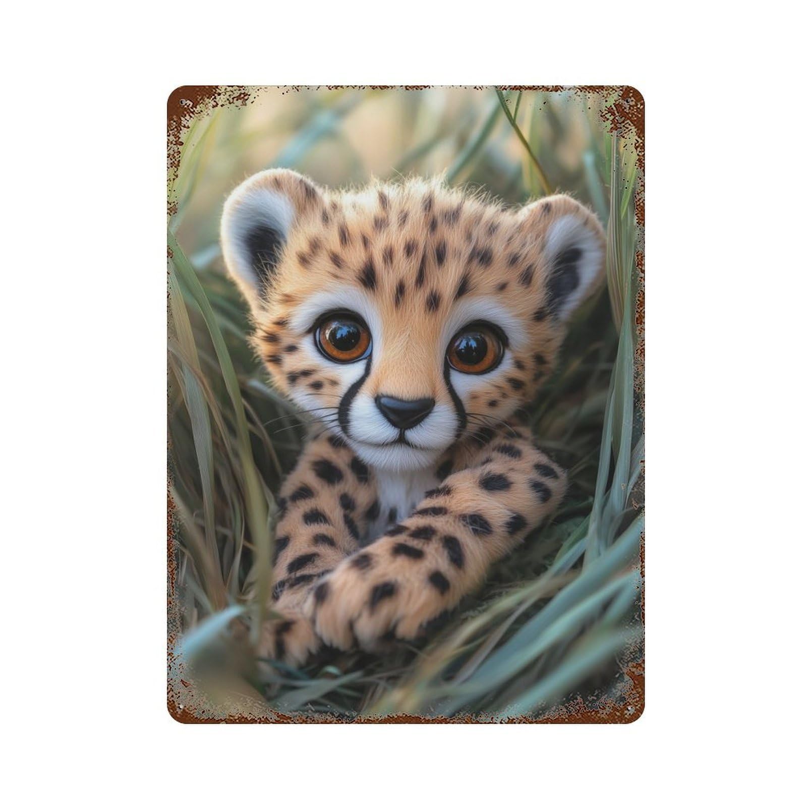 Cheetah Cub in Grass Decorative Tin Sign 15.7"x11.8", for Bistro, Counter And Cafe Decor, Classic Wall Plaque