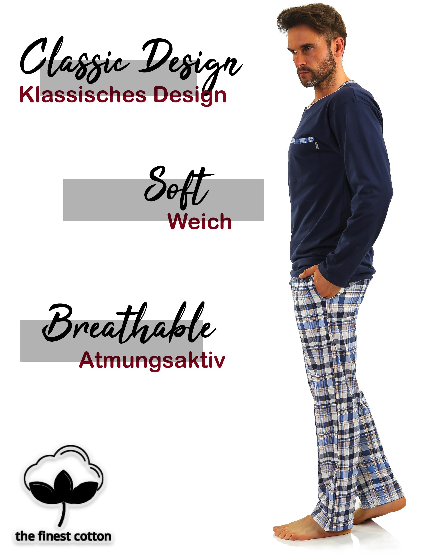 sesto senso Pigiama Uomo Cotone Lungo 100% Cotone Biancheria Invernale da Notte Pigiami Due Pezzi Lingerie Maniche Lunghe Pantaloni Lunghi