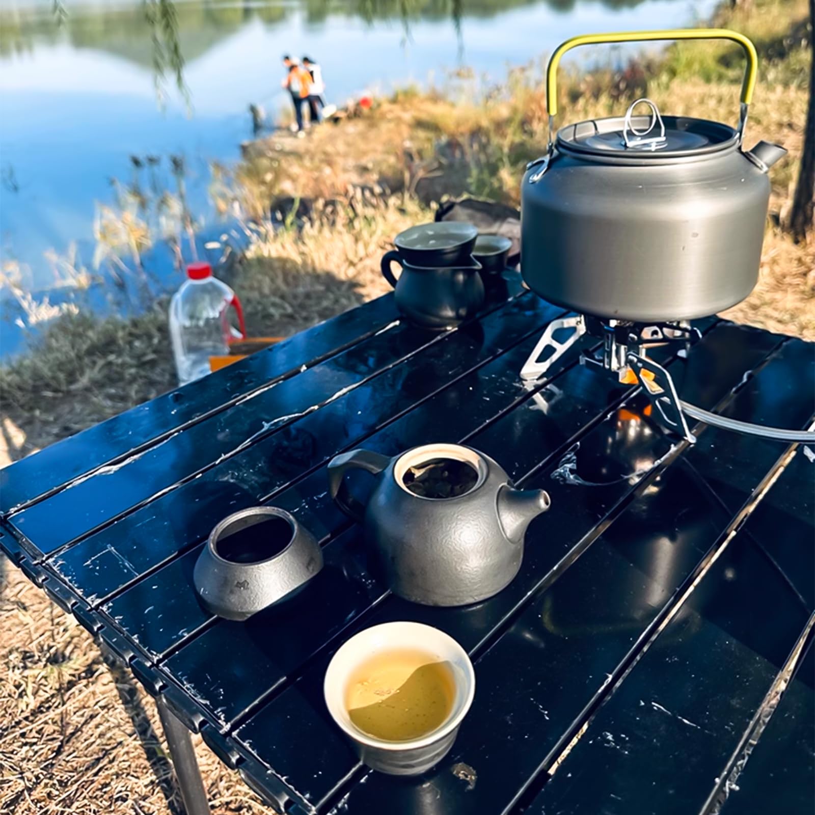 GOMETY Bouilloire de camping pour 2 à 3 personnes, théière de 0,8 l avec 4 gobelets en acier inoxydable, facile à plier, durable, en aluminium, avec sac de transport