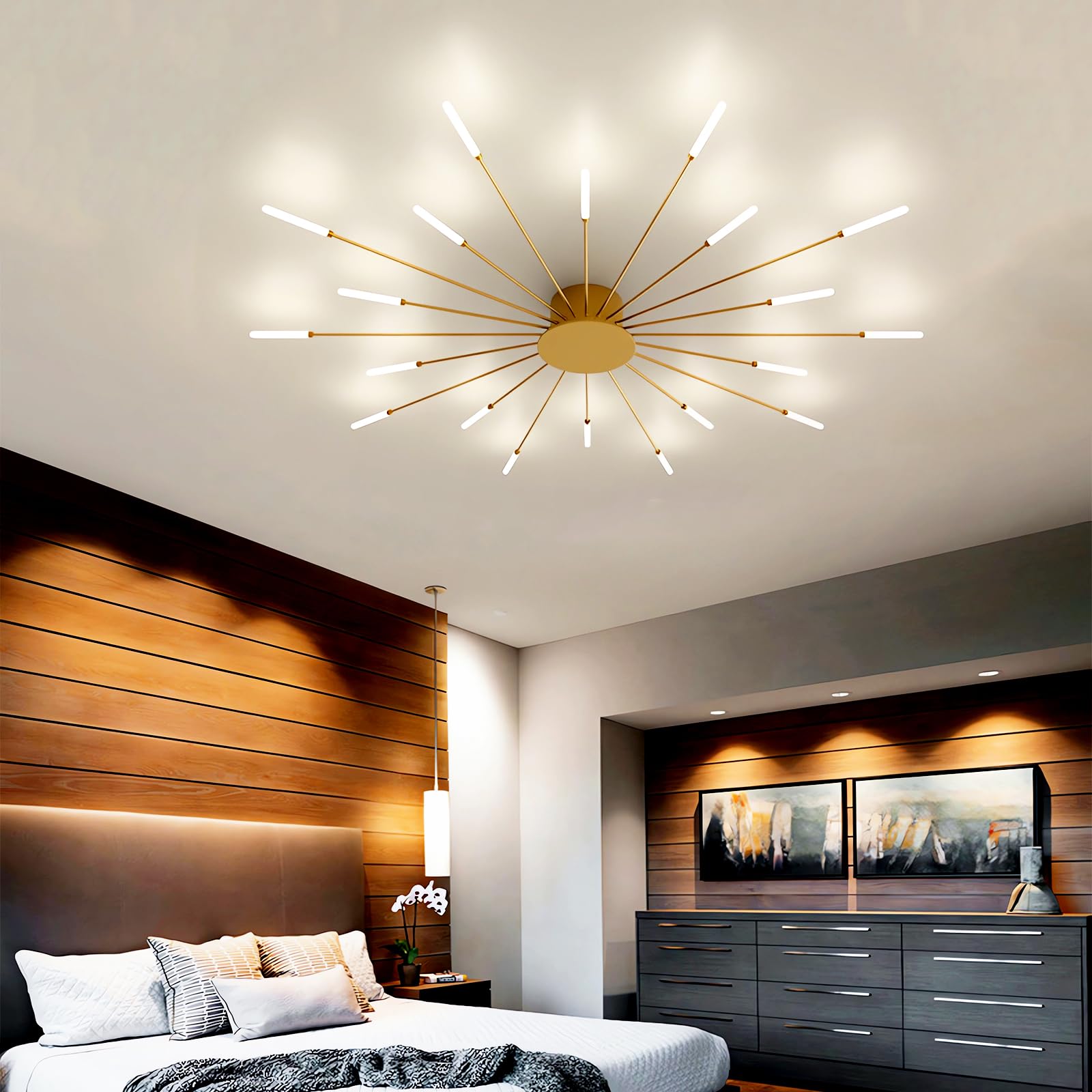 QYSMGS LED Ceiling Light Modern Dimmable Ceiling Lamp Flush Mount Gold/Black Design with Remote Control for Bedroom Living Room Dining Room Office Energy Efficient Lighting (20 Heads,Gold)