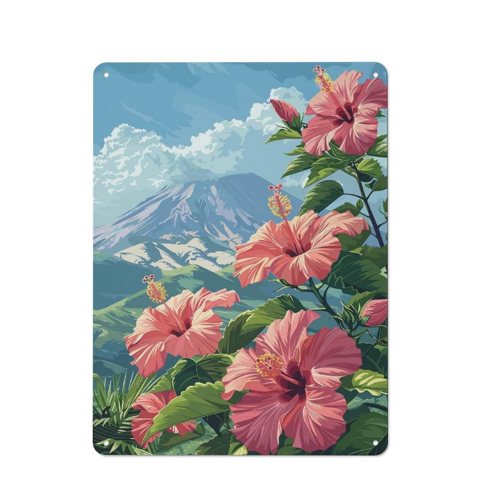 Junmoney Style-19 Creative Hibiscus And Mountain Tin Sign 40X30cm, Study Room Decor For Workspace, Cafe, Shop Or Desk Area