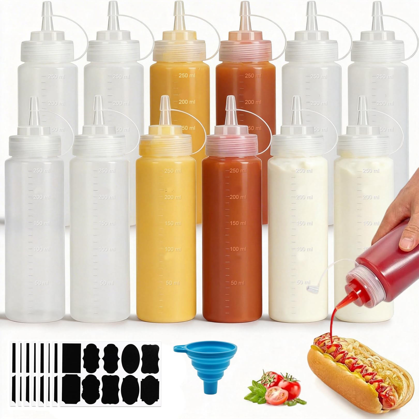 Moorlan 12 Pack Squeeze Bottle - 8oz / 250ML Plastic Squeezy Sauce Bottles with Cap, Squeeze Condiment Bottle Dispensing Ketchup Bottle for Sauce for Ketchup, BBQ, Sauces, Syrup, Dressings — image 1