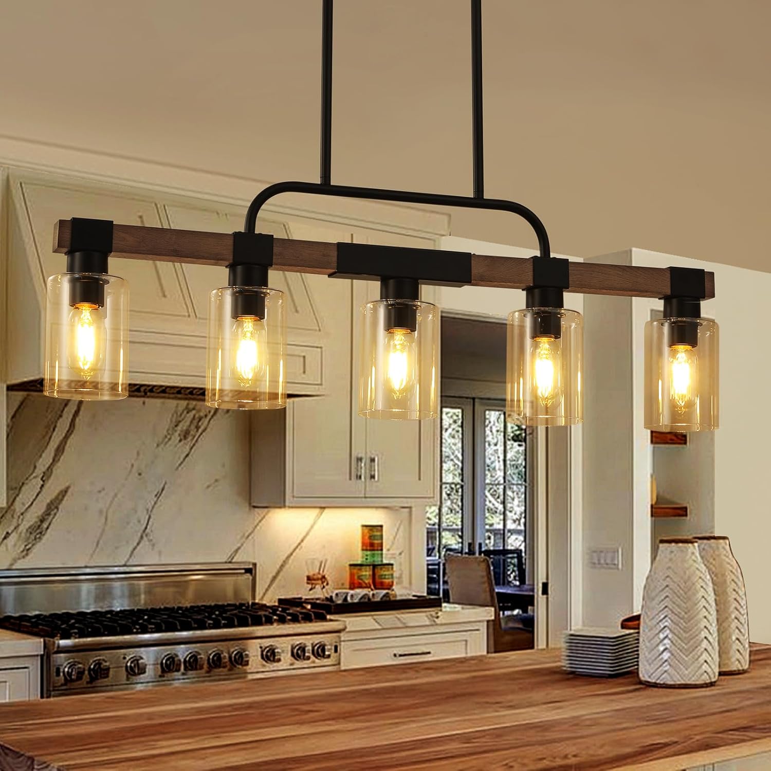 Farmhouse Dining Room Light Fixture ，Rustic Ceiling Pendant Light Fixtures，5-Light Wood Kitchen Island Lighting/Chandelier Over Table,Hanging for Linear Chandeliers,with Clear Glass lampshade