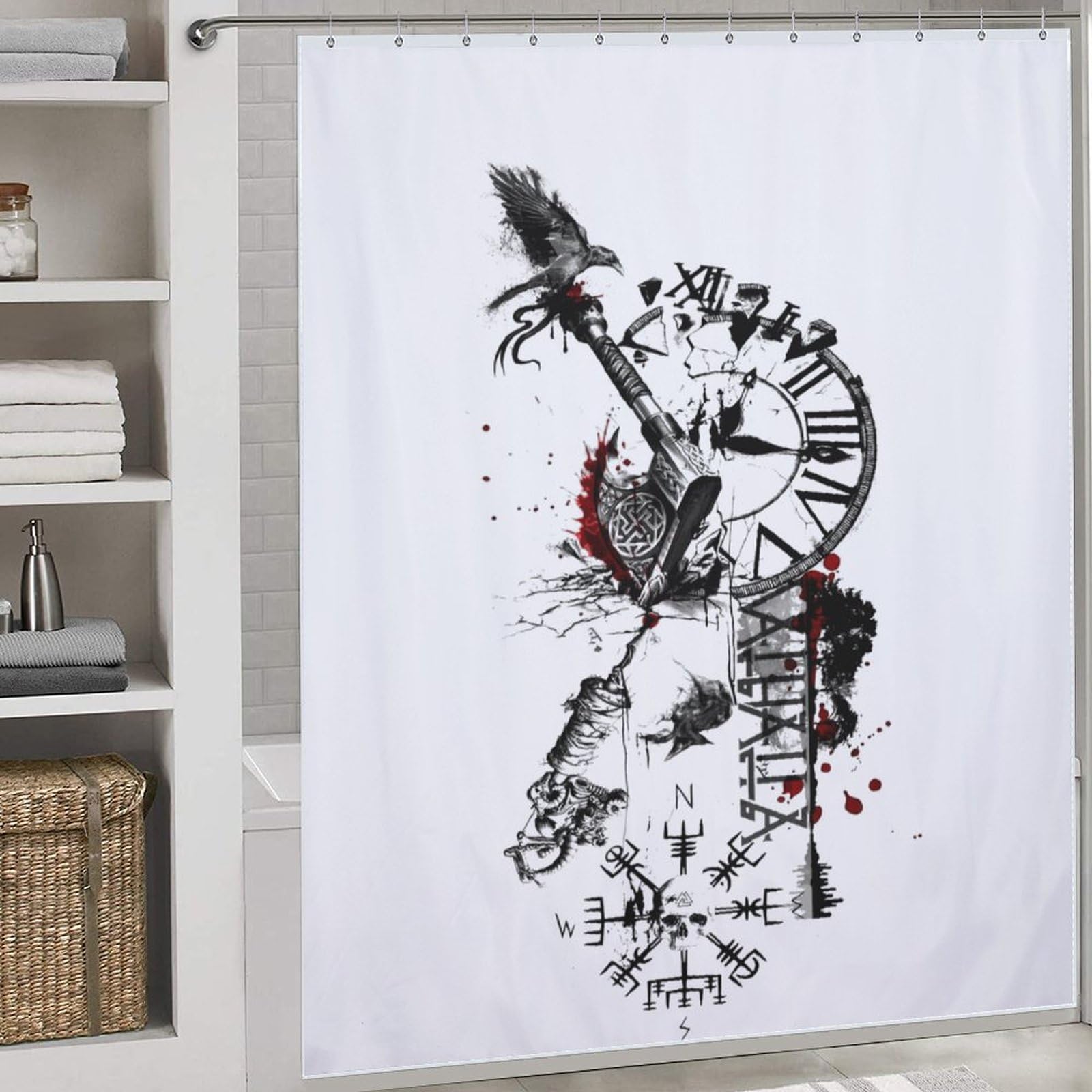 Viking Myth Shower Curtain Polyester Fabric Waterproof Shower Curtain Liner, 3D Pattern for Shower Stall, Bathroom Curtains with 12 PCS Hooks 72x72Inch (183x183cm)