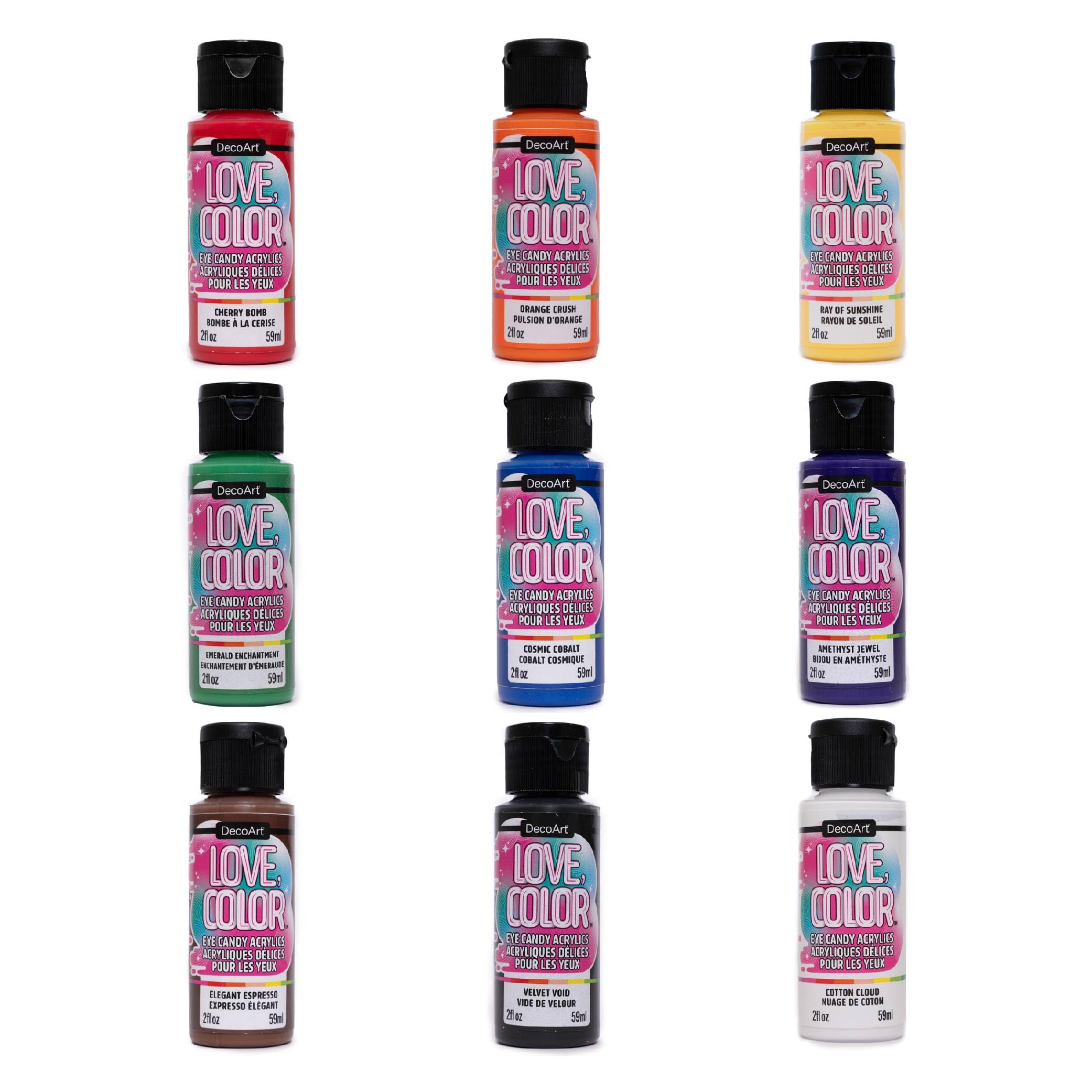 DecoArt Love Color Acrylic Paint Set – Primary Colors, 9 Bottles (2 fl oz) – Bright Multi Surface Craft Paints for Crafts, Art, and DIY Projects