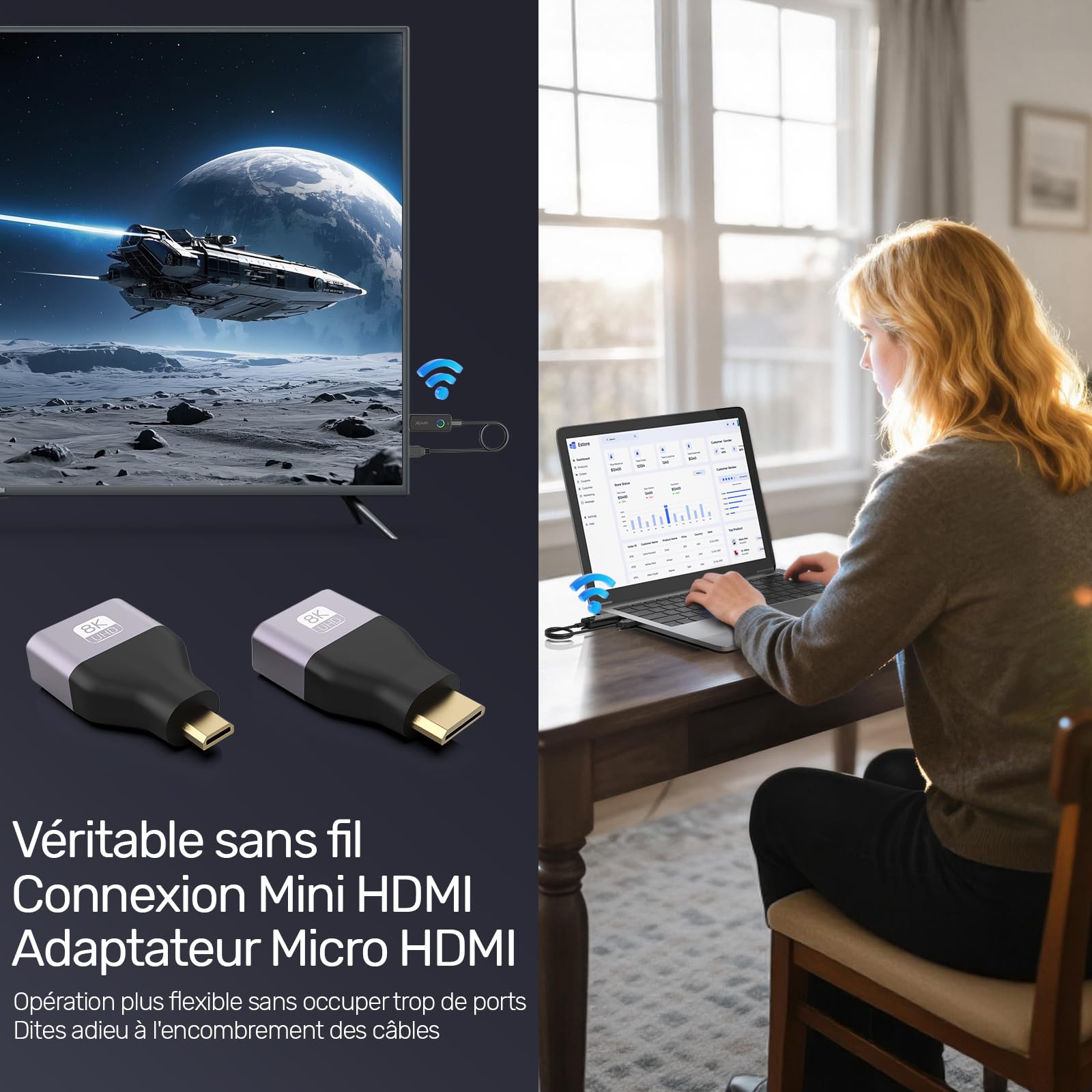 HDMI sans Fil Émetteur et Récepteur, Streaming sans Fil 4K pour PC/Ordinateur Portable vers TV/projecteur, Renforcement du Signal 50M, Plug & Play pour Le Gaming et Les Réunions Professionnelles