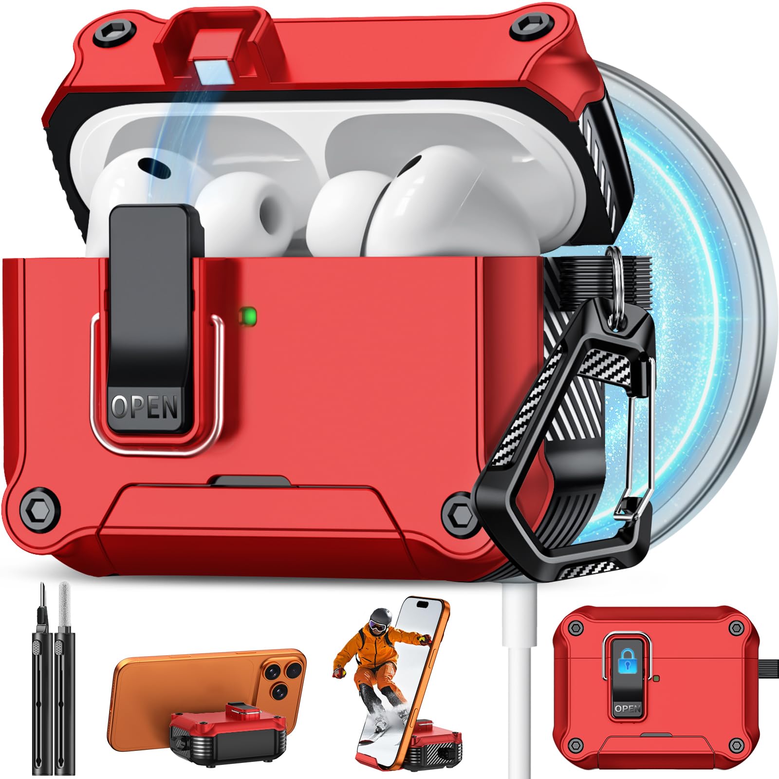 Pohgelan for AirPods Pro 3 Case with Safety Lock-Red