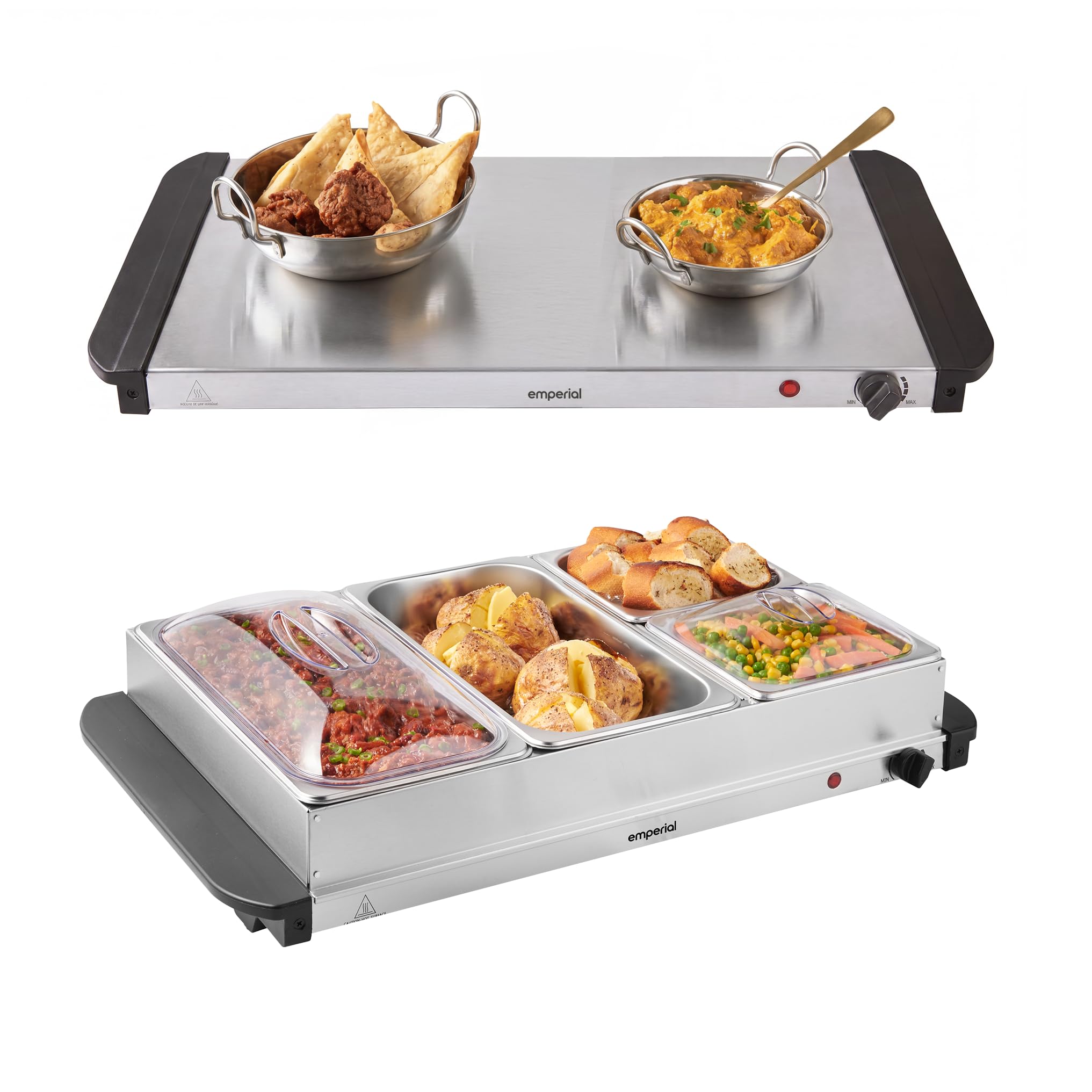 Emperial 4 Tray Food Warmer, 7L Buffet Server with Lids, 300W Portable Electric Food Serving Tray & Hotplate, Adjustable Temperature Control, Cool Touch Handles, 2 x 2.5L & 2 x 1L Pans